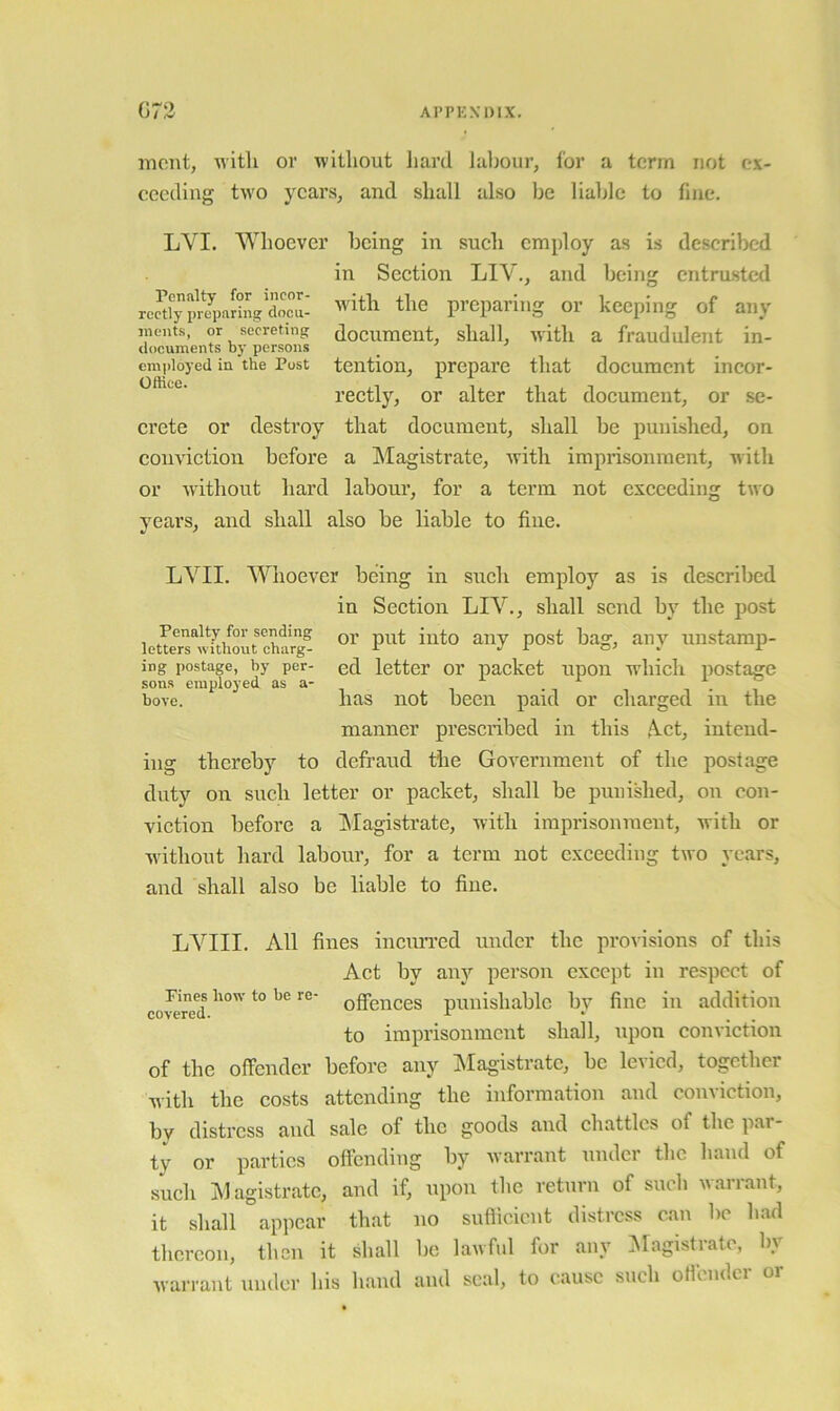 G72 Al’PKXOIX. incnt, Avitli or without liard laljour, for a term not ex- ceeding two years, and shall also be liable to flue. LVI. Whoever being in such employ as is described in Section LIV., and being entrasted rcJfyplqialingXcu- preparing or keeping of any iiionts, or secreting document, shall, with a fraudulent in- documents bj- persons employed in the Post tcntiou, prepare that document incor- rectly, or alter that document, or se- crete or destroy that document, shall be punished, on conviction before a ]\Iagistrate, with imprisonment, with or wdthout hard labour, for a term not exceeding two years, and shall also be liable to fine. LYII. Whoever being in such employ as is described in Section LIV., shall send by the post Penalty for sending qj, p^g^ unstamp- ing postage, by per- ed letter 01’ packet upon which postage SOUR employed as a- i • i hove. lias not been paid or charged in the manner presciibed in this Vet, intend- ing thereby to defraud tlie Government of tlie postage duty on sucli letter or packet, shall be punislied, ou con- viction before a Magistrate, witli imprisouraeut, with or without bard labour, for a term not exceeding two years, and shall also be liable to fine. LVIII. All fines incun’ed under the provisions of this Act by any person except in respect of co^e'red offeiices puuishablc by fine in addition to imprisoument shall, upon conviction of the offender before any INIagistratc, be leiicd, together with the costs attending the information and conviction, bv distress and sale of the goods and chatties of the par- ty or parties offending by warrant under the band of such Magistrate, and if, upon the return of such warrant, it shall appear that no sidhcicnt distress can be bad thereon, then it shall be lawful for any INIagistratc, by wan-aut under liis liand and seal, to cause such offender or
