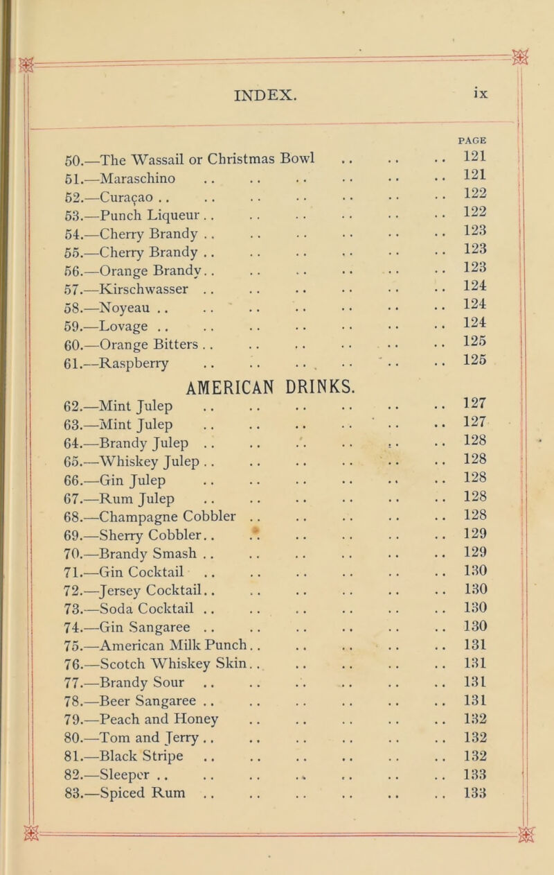 61, 62, 63, 64, 55. 66. 57. 58. 69. 60. 61. 62. 63. 64. 65. 66. 67. 68. 69. 70. 71. 72. 73. 74. 75. 76. 77. 78. 79. 80. 81. 82. 83. —Maraschino —Cura9ao .. —Punch Liqueur —Cherry Brandy —Cherry Brandy —Orange Brandy —Kirschwasser —^Noyeau .. —Lovage ., —Orange Bitters —Raspberry AMERICAN DRINKS —Mint Julep —Mint Julep —Brandy Julep .. —Whiskey Julep .. —Gin Julep —Rum Julep —Champagne Cobbler —Sherry Cobbler.. —Brandy Smash .. —Gin Cocktail —^Jersey Cocktail.. —Soda Cocktail .. —Gin Sangaree .. —American Milk Punch —Scotch Whiskey Skin —Brandy Sour —Beer Sangaree .. —Peach and Honey —Tom and Jerry .. —Black Stripe —Sleeper .. —Spiced Rum PAGE 121 121 122 122 123 123 123 124 124 124 125 125 127 127 128 128 128 128 128 129 129 130 130 130 130 131 131 131 131 132 132 132 133 133