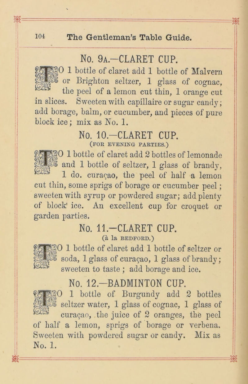 No. 9a.—CLARET CUP. 50 1 bottle of claret add 1 bottle of Malvern or Brio-liton seltzer, 1 glass of cognac, tbe peel of a lemon cut thin, 1 orange cut in slices. Sweeten with capillaire or sugar cand}^; add borage, balm, or cucumber, and pieces of pure block ice; mix as No. 1. No. lO.-CLARET CUP. (fob evenikg parties.) 50 1 bottle of claret add 2 bottles of lemonade and 1 bottle of seltzer, 1 glass of brand}^ 1 do. cura(^ao, the peel of half a lemon cut thin, some sprigs of borage or cucumber peel; sweeten with syrup or powdered sugar; add plenty of block' ice. An excellent cup for croquet or garden parties. No. ll.-CLARET CUP. (a la BEDFORD.) ^0 1 bottle of claret add 1 bottle of seltzer or soda, 1 glass of curacao, 1 glass of brandy; sweeten to taste ; add borage and ice. No. 12.-BADMINT0N CUP. 50 1 bottle of Burgundy add 2 bottles seltzer water, 1 glass of cognac, 1 glass of curaqao, the juice of 2 oranges, the peel of half a lemon, sprigs of borage or verbena. Sweeten with powdered sugar or candy. Mix as No. 1.