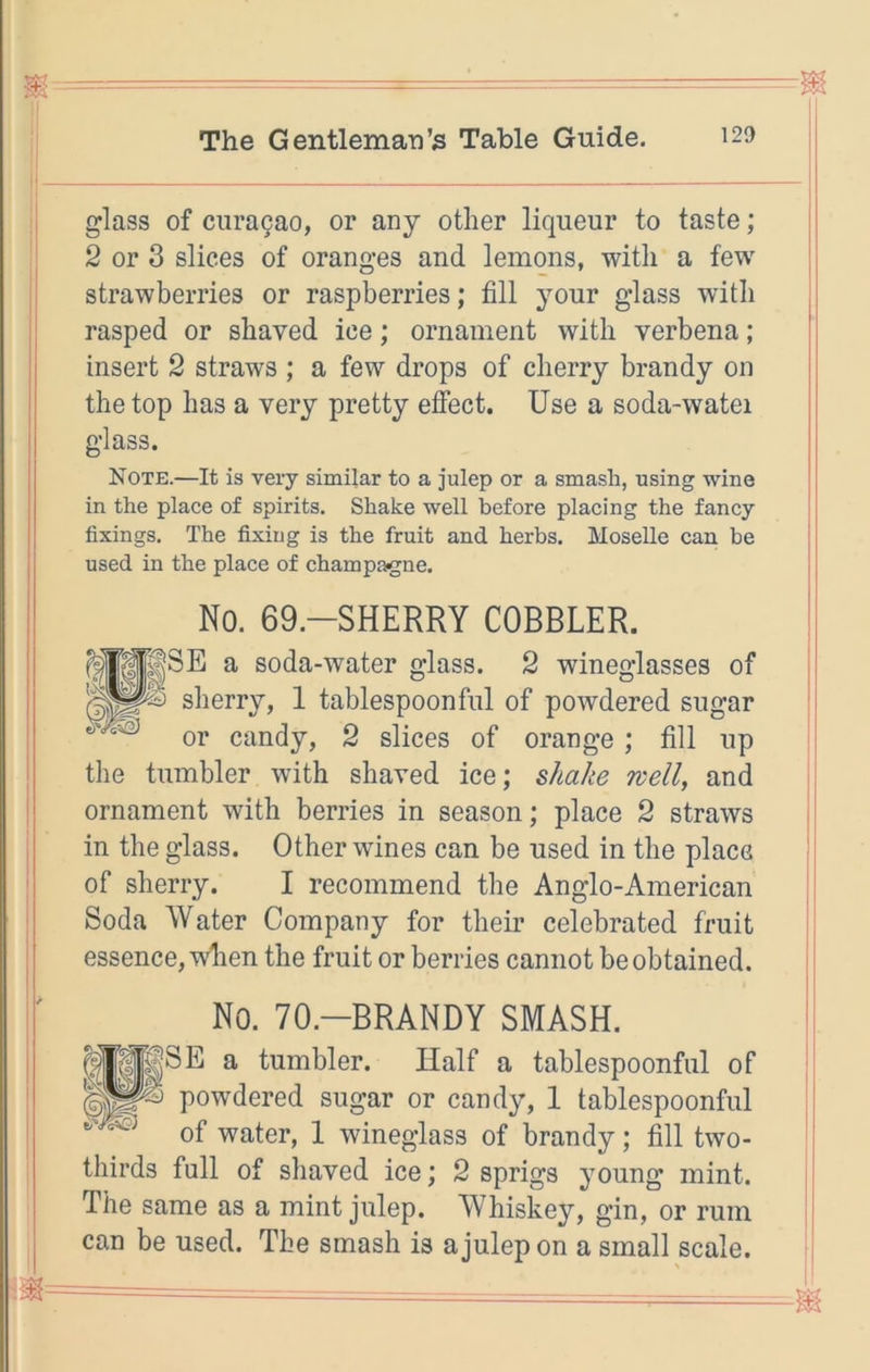 glass of cura9ao, or any other liqueur to taste; 2 or 3 slices of oranges and lemons, with a few strawberries or raspberries; fill your glass with rasped or shaved ice; ornament with verbena; insert 2 straws ; a few drops of cherry brandy on the top has a very pretty effect. Use a soda-watei glass. Note.—It is very similar to a julep or a smash, using wine in the place of spirits. Shake well before placing the fancy fixings. The fixing is the fruit and herbs. Moselle can be used in the place of champagne. I 1 I No. 69.-SHERRY COBBLER. a soda-water glass. 2 wineglasses of sherry, 1 tablespoonful of powdered sugar or candy, 2 slices of orange; fill up the tumbler with shaved ice; shake well, and ornament with berries in season; place 2 straws in the glass. Other wines can be used in the place of sherry. I recommend the Anglo-American Soda Water Company for their celebrated fruit essence, when the fruit or berries cannot be obtained. No. 70.-BRANDY SMASH. )E a tumbler. Half a tablespoonful of powdered sugar or candy, 1 tablespoonful of water, 1 wineglass of brandy; fill two- thirds full of shaved ice; 2 sprigs young mint. The same as a mint julep. Whiskey, gin, or rum can be used. The smash is a julep on a small scale.