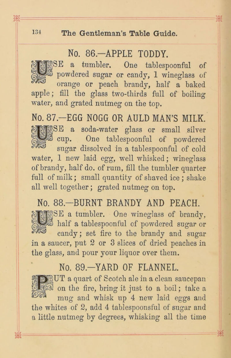 No. 86.-APPLE TODDY. ^SE a tumbler. One tablespoonful of powdered sugar or candy, 1 wineglass of orange or peach brandy, half a baked apple; fill the glass two-thirds full of boiling water, and grated nutmeg on the top. No. 87.-EGG NOGG OR AULD MAN’S MILK. ISE a soda-water glass or small silver cup. One tablespoonful of powdered sugar dissolved in a tablespoonful of cold water, 1 new laid egg, well whisked; wineglass of brandy, half do. of rum, fill the tumbler quarter full of milk; small quantity of shaved ice ; shake all well together; grated nutmeg on top. No. 88.-BURNT BRANDY AND PEACH. pSE a tumbler. One wineglass of brand}% half a tablespoonful of powdered sugar or candy; set fire to the brandy and sugar in a saucer, put 2 or 3 slices of dried peaches in the glass, and pour your liquor over them. No. 89.-YARD OF FLANNEL. |UT a quart of Scotch ale in a clean saucepan on the fire, bring it just to a boil; take a mug and whisk up 4 new laid eggs and the whites of 2, add 4 tablespoonsful of sugar and a little nutmeg by degrees, whisking all the time