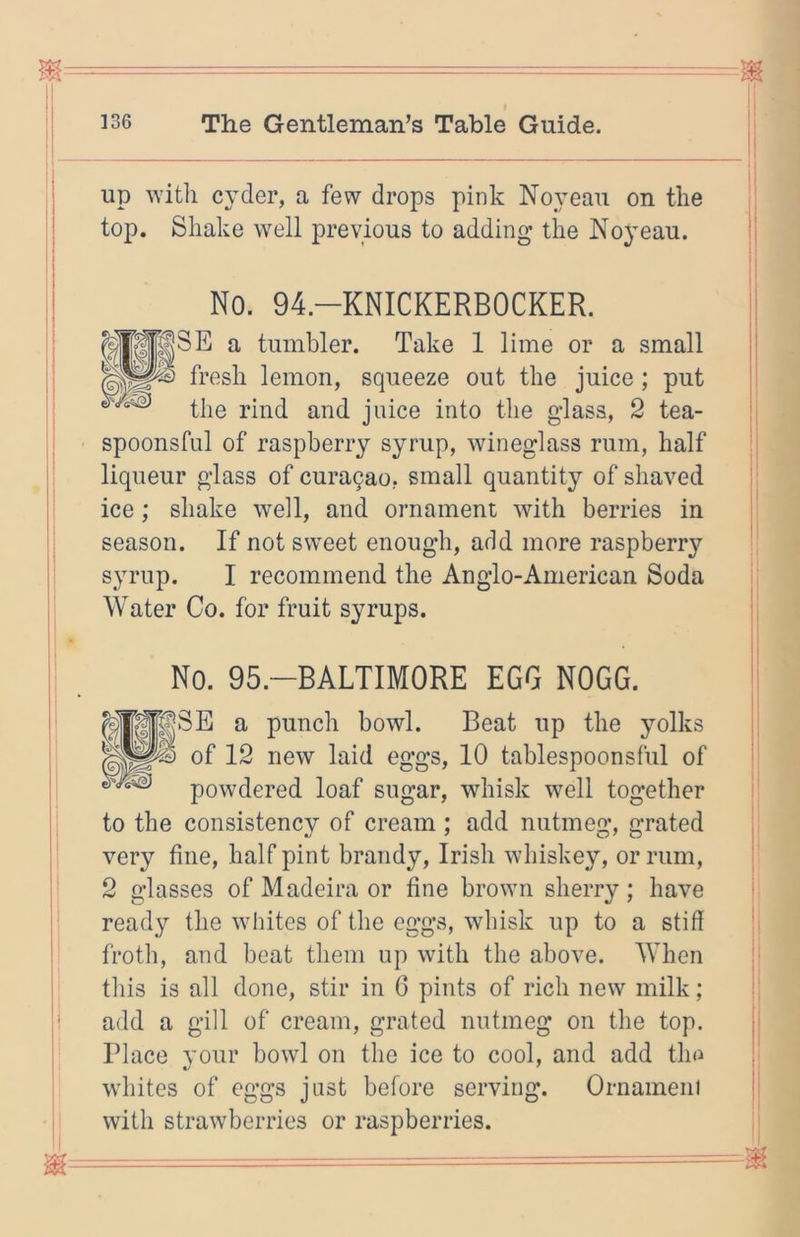 up Avitli cyder, a few drops pink Noyeau on the ! top. Shake well previous to adding* the Noyeau. i 1 No. 94.-KNICKERB0CKER. 3E a tumbler. Take 1 lime or a small | fresh lemon, squeeze out the juice ; put ' the rind and juice into the gdass, 2 tea- spoonsful of raspberry syrup, wineglass rum, half ;| liqueur glass of cura9ao, small quantity of shaved ‘ ice; shake well, and ornament with berries in season. If not sweet enough, add more raspberry syrup. I recommend the Anglo-American Soda Water Co. for fruit syrups. No. 95.-BALTIM0RE EGG NOGG. i SE a punch bowl. Beat up the yolks of 12 new laid eggs, 10 tablespoonsful of powdered loaf sugar, whisk well together to the consistency of cream; add nutmeg, grated very fine, half pint brandy, Irish whiskey, or rum, i 2 glasses of Madeira or fine brown sherry; have I ready the whites of the eggs, whisk up to a stiff froth, and beat them up with the above. When !■ tiiis is all done, stir in 6 pints of rich new milk; ; i add a gill of cream, grated nutmeg on the top. | Place your bowl on the ice to cool, and add tlm i whites of eggs just before serving. Ornameni |! with strawberries or raspberries. ,1