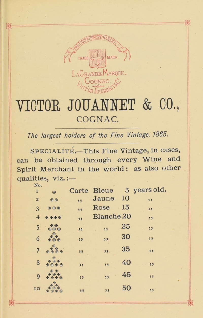 TRADE MARK J } L aGr AXDE MaHQiIR . A Cognac. Co- -ocS^^- v'^ VICTOE JOITAMET & CO.; COGNAC. The largest holders of the Fine Vintage, 1865. Specialite.—This Fine Vintage, in cases, can be obtained through every Wine and Spirit Merchant in the world: as also other qualities, viz.:— No, I Carte Bleue 5 years old 2 5J Jaune 10 5 3 3 >*< >i< * 5 J Rose 15 33 4 5J Blanche 20 53 5 >i< * ii< )) 33 25 33 6 * * * Hh >i< J) 33 30 33 7 * -*• I* * >J> i* JJ 33 35 33 8 + •!< + <• ij. ^ if if 55 33 40 33 9 4- * •f ifif f f f if 3 J 33 45 33 TO If! •fl + 4< If f >{. f f f 33 33 50 33