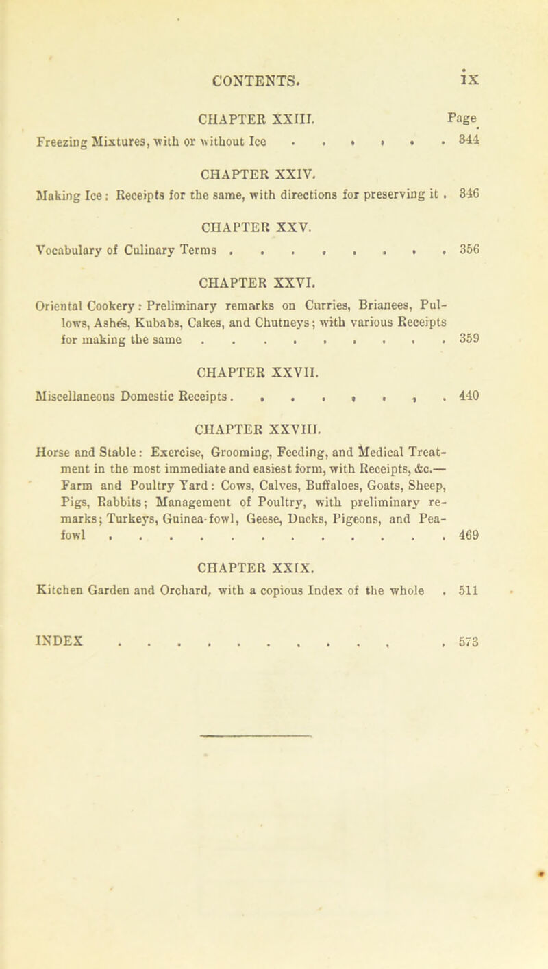 CHAPTER XXIII. Page Freezing Mixtures, with or without Ice . . ♦ » • 344 CHAPTER XXIV. Making Ice: Receipts for the same, with directions for preserving it. 346 CHAPTER XXV. Vocabulary of Culinary Terms ........ 356 CHAPTER XXVI. Oriental Cookery : Preliminary remarks on Curries, Brianees, Pul- lows, Ashes, Kubabs, Cakes, and Chutneys; with various Receipts for making the same 359 CHAPTER XXVII. Miscellaneous Domestic Receipts440 CHAPTER XXVIII. Horse and Stable: Exercise, Grooming, Feeding, and Medical Treat- ment in the most immediate and easiest form, with Receipts, &c.— Farm and Poultry Yard: Cows, Calves, Buffaloes, Goats, Sheep, Pigs, Rabbits; Management of Poultry, with preliminary re- marks; Turkeys, Guinea-fowl, Geese, Ducks, Pigeons, and Pea- fowl 469 CHAPTER XXIX. Kitchen Garden and Orchard, with a copious Index of the whole . 511 INDEX .573