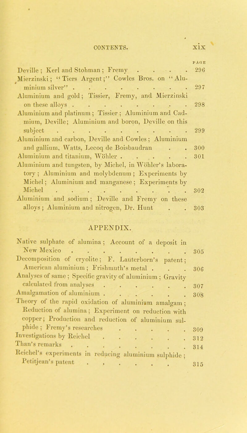 Deville ; Kerl and Stohman ; Freiny . . . . Mierzinski; “Tiers Argent;” Cowles Bros, on “Alu- minium silver” ........ Aluminium and gold; Tissier, Fremy, and Mierzinski on these alloys ........ Aluminium and platinum ; Tissier ; Aluminium and Cad- mium, Deville; Aluminium and boron, Deville on this subject ......... Aluminium and earbon, Deville and Cowles ; Aluminium and gallium, Watts, Lecoq de Boisbaudran Aluminium and titanium, Wohler ..... Aluminium and tungsten, by Michel, in Wohler’s labora- tory ; Aluminium and molybdenum ; Experiments by Michel; Aluminium and manganese ; E.\periments by Michel ......... Aluminium and sodium ; Deville and Fi’emy on these alloys ; Aluminium and nitrogen. Dr. Hunt APPENDIX. Native sulphate of alumina ; Account of a deposit in New Mexico ........ Decomposition of cryolite; F. Lauterborn’s patent; American aluminium ; Frishniuth’s metal . Analyses of same ; Specific gi-avity of aluminium ; Gravity calculated from analyses ...... Amalgamation of aluminium ...... 'J heory of the rapid oxidation of aluminium amalgam ; llcduction of alumina; Experiment on reduction with copper; Production and reduction of aluminium sul- phide; Fremy’s researches . . . . . Investigations by Ileichel Than’s remarks Kcichel’s experiments in reducing aluminium sulphide ; Petitjean’s patent PAOE 29G 297 298 299 300 301 302 303 305 306 307 308 309 312 314 315