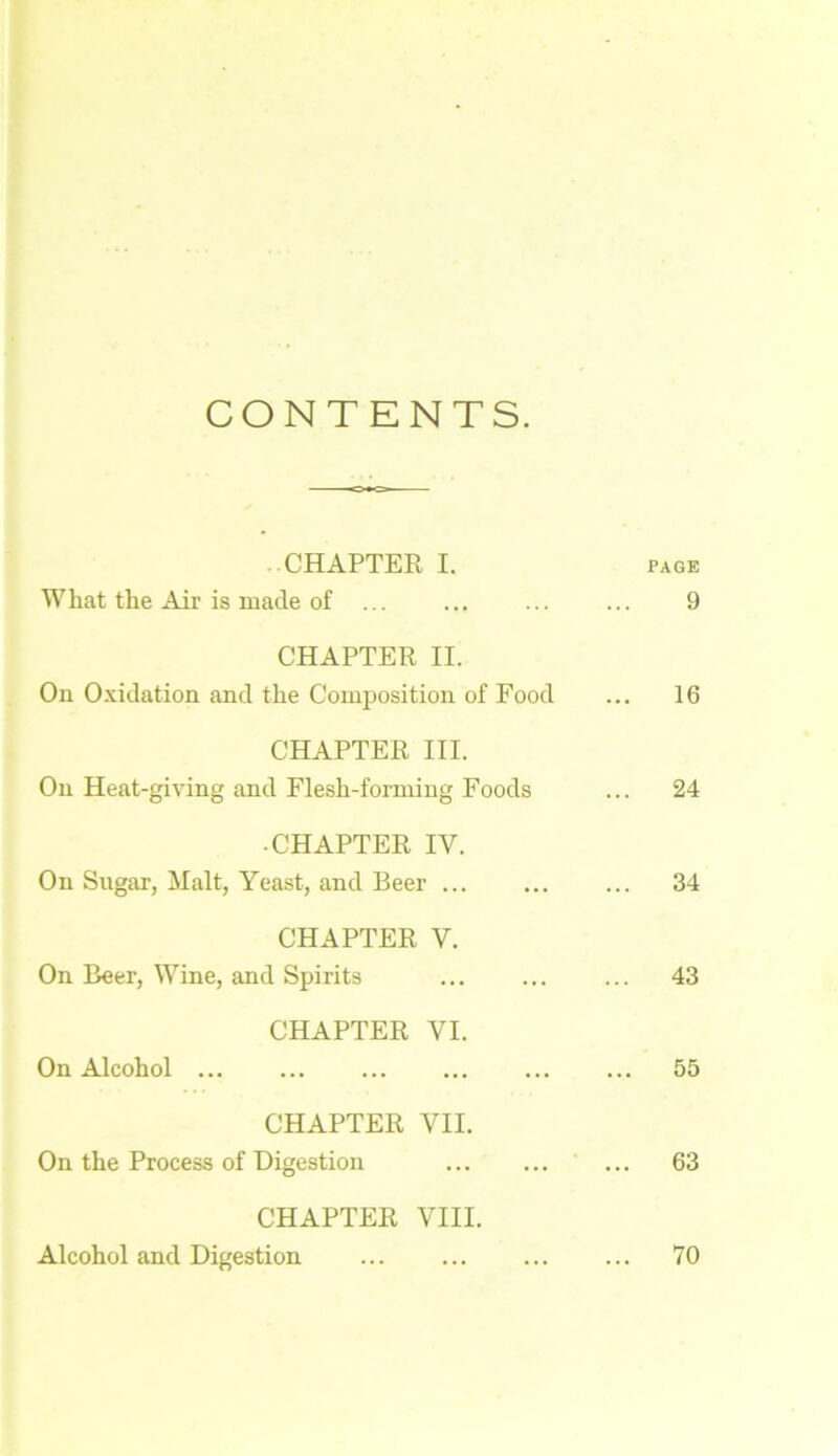 CONTENTS. -CHAPTER I. page What the Air is made of ... ... ... ... 9 CHAPTER II. On Oxidation and the Composition of Food ... 16 CHAPTER III. On Heat-giving and Flesh-forming Foods ... 24 • CHAPTER IV. On Sugar, Malt, Yeast, and Beer 34 CHAPTER V. On Beer, Wine, and Spirits ... ... ... 43 CHAPTER VI. On Alcohol 55 CHAPTER VII. On the Process of Digestion 63 CHAPTER VIII. Alcohol and Digestion 70