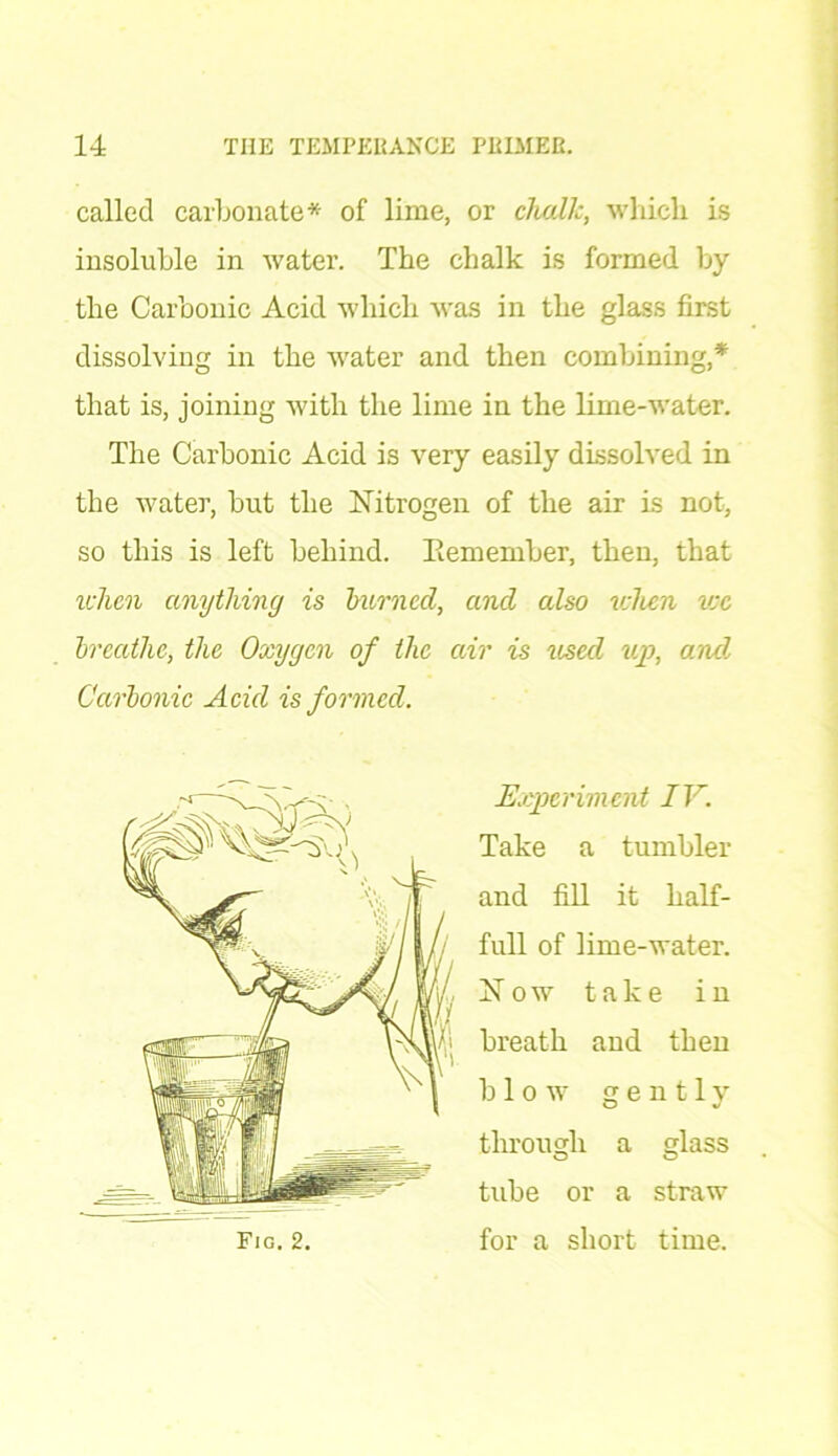 called carbonate* of lime, or chalk, which is insoluble in water. The chalk is formed by the Carbonic Acid which was in the glass first dissolving in the water and then combining,* that is, joining with the lime in the lime-water. The Carbonic Acid is very easily dissolved in the water, but the Nitrogen of the air is not, so this is left behind. Eemember, then, that ichen anything is burned, and also uhen wc breathe, the Oxygen of the air is used up, and.I Carbonic Acid is formed. Fig. 2. Experiment IV. Take a tumbler and fill it half- full of lime-water. Now take in breath and then blow gently through a glass tube or a straw for a short time.