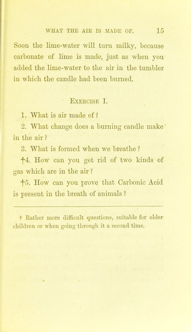 Soon the lime-water will turn milky, because carbonate of lime is made, just as when you added the lime-water to the air in the tumbler in which the candle had been burned. Exercise I. 1. What is air made of? 2. What change does a burning candle make in the air ? 3. What is formed when we breathe ? -f-4. How can you get rid of two kinds of gas which are in the air ? -f*5. How can you prove that Carbonic Acid is present in the breath of animals ? t Rather more difficult questions, suitable for older children or when going through it a second time.