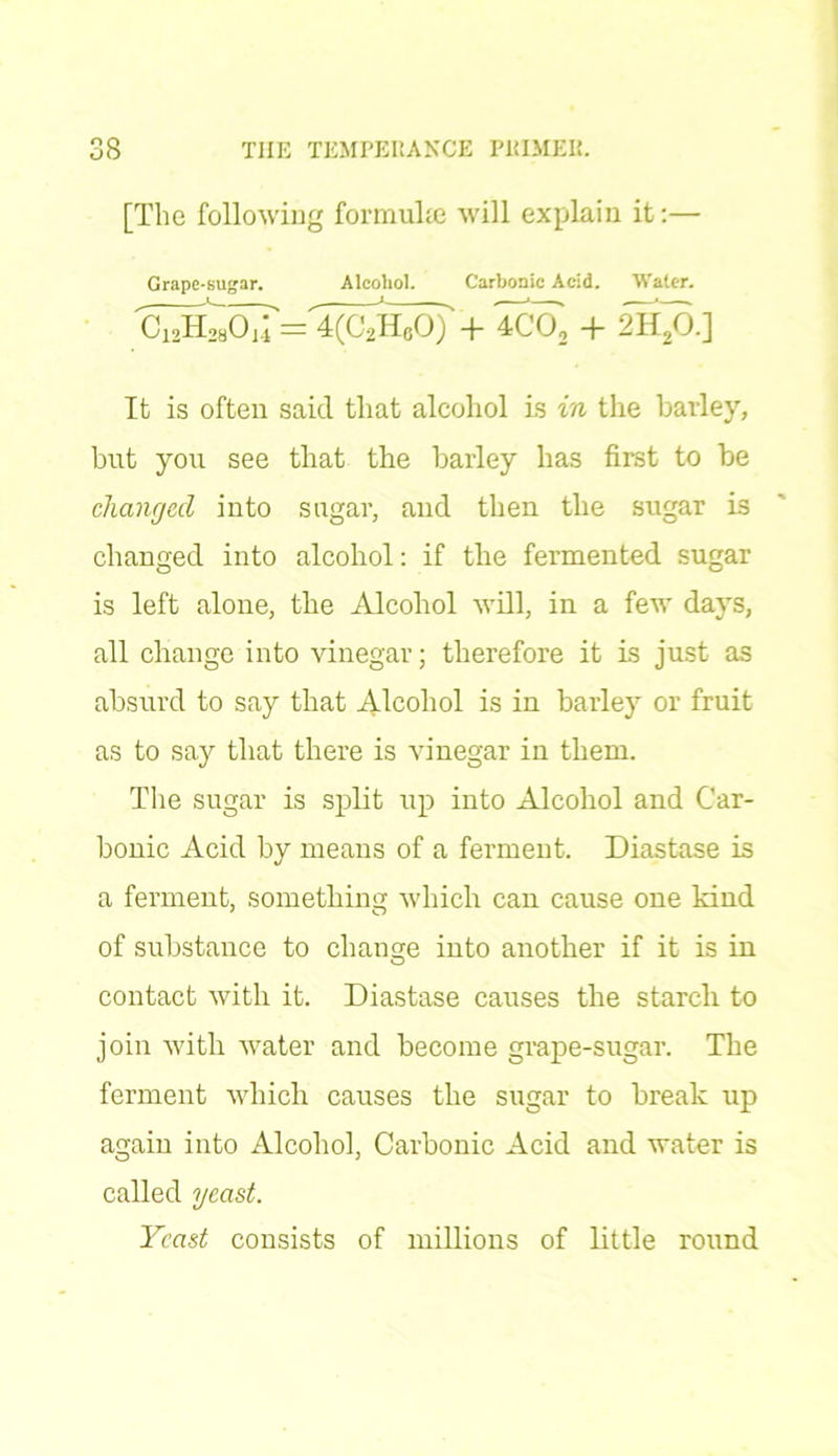 [The following formula} will explain it:— Grape-sugar. Alcoliol. Carbonic Acid. Water. =7^lU0) + 4C02 + 2H“0.] It is often said that alcohol is in the barley, but you see that the barley has first to be changed into sugar, and then the sugar is changed into alcohol: if the fermented sugar is left alone, the Alcohol will, in a few days, all change into vinegar; therefore it ls just as absurd to say that Alcohol is in barley or fruit as to say that there is vinegar in them. The sugar is split up into Alcohol and Car- bonic Acid by means of a ferment. Diastase is a ferment, something which can cause one kind of substance to change into another if it is in contact with it. Diastase causes the starch to join with water and become grape-sugar. The ferment which causes the sugar to break up again into Alcohol, Carbonic Acid and water is called yeast. Yeast consists of millions of little round