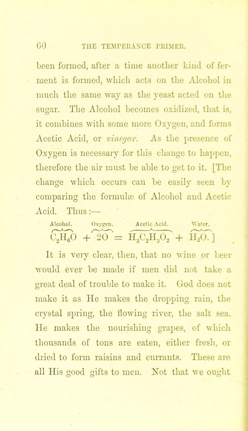 been formed, after a time another kind of fer- ment is formed, which acts on the Alcohol in much the same way as the yeast acted on the sugar. The Alcohol becomes oxidized, that is, it combines with some more Oxygen, and forms Acetic Acid, or vinegar. As the presence of Oxygen is necessary for this change to happen, therefore the air must be able to get to it. [The change which occurs can be easily seen by comparing the formuhe of Alcohol and Acetic Acid. Thus Alcohol. Oxygen. Acetic Acid. Water. gJhJ) a'I’cT = hT^h^o? + haT] It is very clear, then, that no wine or beer would ever be made if men did not take a great deal of trouble to make it. God does not make it as He makes the dropping rain, the crystal spring, the flowing river, the salt sea. lie makes the nourishing grapes, of which thousands of tons are eaten, either fresh, or dried to form raisins and currants. These are all His Good Gifts to men. Not that we ouGht
