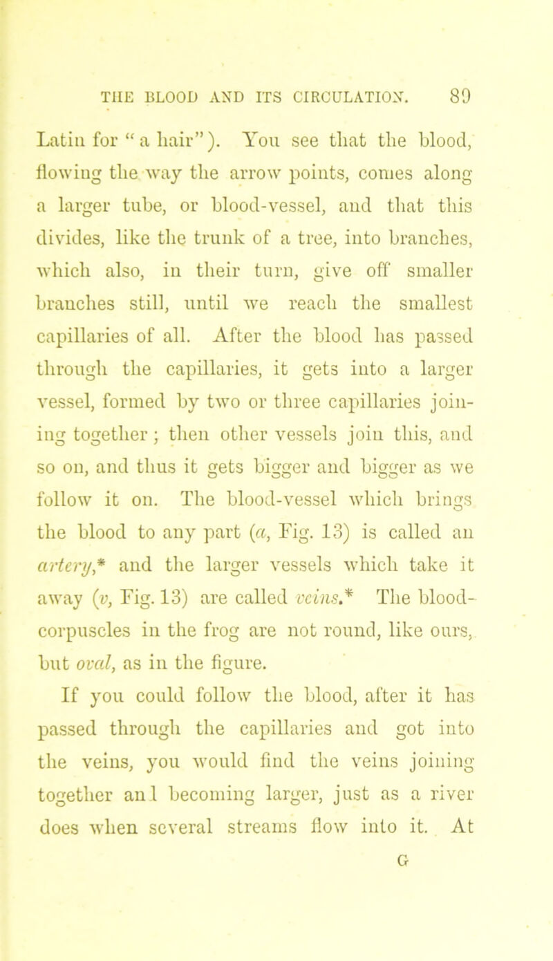 Latin for “ a hair”). You see that the blood, flowiug the way the arrow points, comes along a larger tube, or blood-vessel, and that this divides, like the trunk of a tree, into branches, which also, iu their turn, give off smaller branches still, until we reach the smallest capillaries of all. After the blood has passed through the capillaries, it gets into a larger vessel, formed by two or three capillaries join- ing together; then other vessels join this, and so on, and thus it gets bigger and bigger as we follow it on. The blood-vessel which brings the blood to any part (a, Fig. 13) is called an artery* and the larger vessels which take it away (y, Fig. 13) are called veins* The blood- corpuscles in the frog are not round, like ours, but oval, as in the figure. If you could follow the blood, after it has passed through the capillaries and got into the veins, you would find the veins joining together anl becoming larger, just as a river does when several streams flow into it. At G