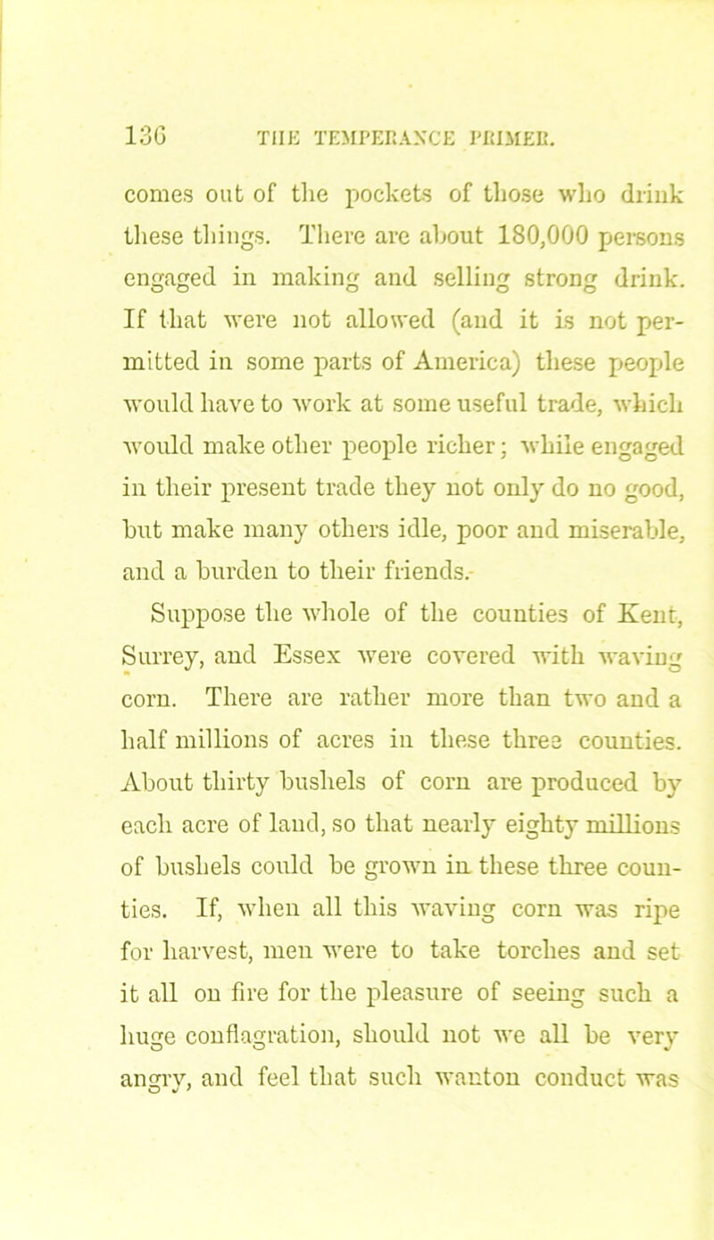 comes out of the pockets of those who drink these things. There are about 180,000 persons engaged in making and selling strong drink. If that were not allowed (and it is not per- mitted in some parts of America) these people would have to work at some useful trade, which would make other people richer; while engaged in their present trade they not only do no good, hut make many others idle, poor and miserable, and a burden to their friends. Suppose the whole of the counties of Kent, Surrey, and Essex were covered with waving corn. There are rather more than two and a half millions of acres in these three counties. About thirty bushels of com are produced by each acre of land, so that nearly eighty millions of bushels could be grown in these three coun- ties. If, when all this waving corn was ripe for harvest, men were to take torches and set it all on fire for the pleasure of seeing such a huge conflagration, should not we all be very angry, and feel that such wanton conduct was