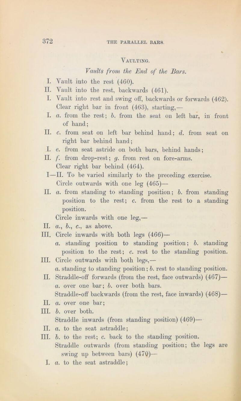 Vaulting. Vaults from the End of the Bars. I. Vault into the rest (460). II. Vault into the rest, backwards (461). I. Vault into rest and swing off, backwards or forwards (462). Clear right bar in front (463), starting,— I. a. from the rest; b. from the seat on left bar, in front of hand; II. c. from seat on left bar behind hand; d. from seat on right bar behind hand; I. e. from seat astride on both bars, behind hands; II. /'. from drop-rest; g. from rest on fore-arms. Clear right bar behind (464). I—II. To be varied similarly to the preceding exercise. Circle outwards with one leg (465)— II. a. from standing to standing position; b. from standing position to the rest; c. from the rest to a standing position. Circle inwards with one leg,— II. a., 5., c., as above. HI. Circle inwards with both legs (466)— a. standing position to standing position; b. standing position to the rest; c. rest to the standing position. III. Circle outwards with both legs,— a. standing to standing position; b. rest to standing position. II. Straddle-off forwards (from the rest, face outwards) (467)— a. over one bar; b. over both bars. Straddle-off backwards (from the rest, face inwards) (468)— II. a. over one bar; III. b. over both. Straddle inwards (from standing position) (469)— II. a. to the seat astraddle; III. b. to the rest; c. back to the standing position. Straddle outwards (from standing position; the legs are swing up between bars) (470)— I. a. to the seat astraddle;