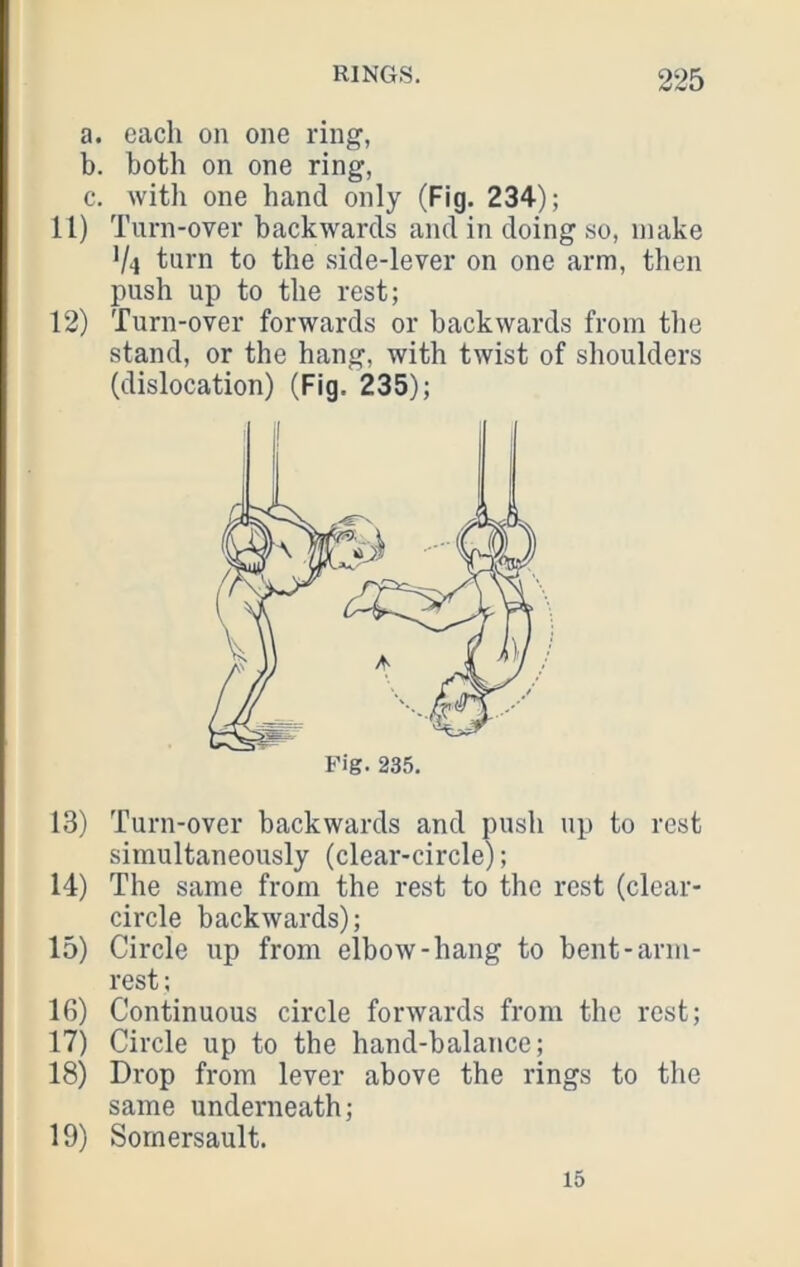 a. each on one ring, b. both on one ring, c. witli one hand only (Fig. 234); 11) Turn-over backwards and in doing so, make V4 turn to the side-lever on one arm, then push up to the rest; 12) Turn-over forwards or backwards from the stand, or the hang, with twist of shoulders (dislocation) (Fig. 235); 13) Turn-over backwards and push up to rest simultaneously (dear-circle); 14) The same from the rest to the rest (dear- circle backwards); 15) Circle up from elbow-hang to bent-arm- rest ; 16) Continuous circle forwards from the rest; 17) Circle up to the hand-balance; 18) Drop from lever above the rings to the same underneath; 19) Somersault. 15