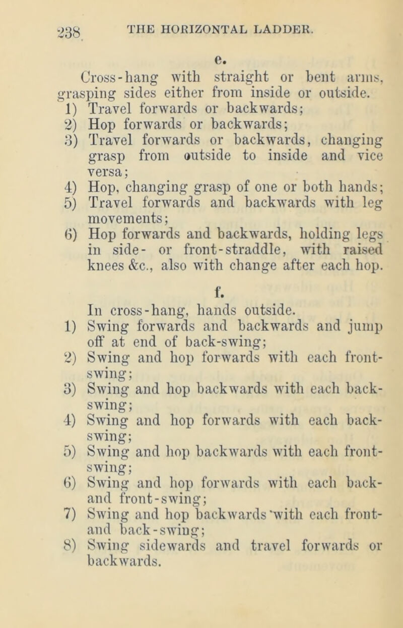 e. Cross-hang with straight or bent arms, grasping sides either from inside or outside. 1) Travel forwards or backwards; 2) Hop forwards or backwards; 3) Travel forwards or backwards, changing grasp from outside to inside and vice versa; 4) Hop, changing grasp of one or both hands; 5) Travel forwards and backwards with leg movements; G) Hop forwards and backwards, holding legs in side- or front-straddle, with raised knees &c., also with change after each hop. f. In cross-hang, hands outside. 1) Swing forwards and backwards and jump off at end of back-swing; 2) Swing and hop forwards with each front- swing; 3) Swing and hop backwards with each back- swing; 4) Swing and hop forwards with each back- swing; 5) Swing and hop backwards with each front- swing; 6) Swing and hop forwards with each back- and front-swing; 7) Saving and hop backwards'with each front- and back-swiug; 8) Swing sidewards and travel forwards or backwards.