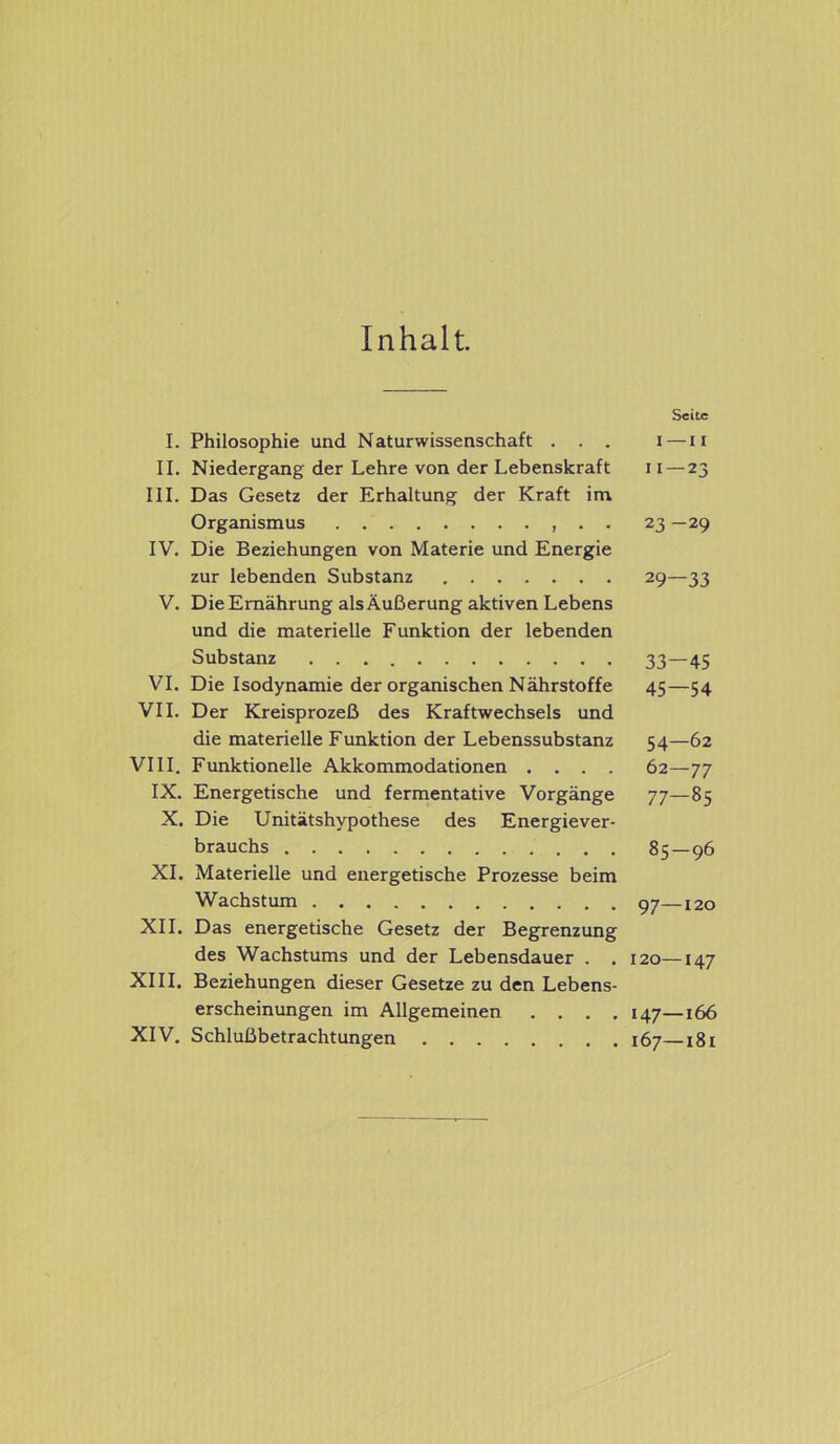 Inhalt Seite I. Philosophie und Naturwissenschaft . . . i — u II. Niedergang der Lehre von der Lebenskraft 11 — 23 III. Das Gesetz der Erhaltung der Kraft im Organismus . . 23—29 IV. Die Beziehungen von Materie und Energie zur lebenden Substanz 29—33 V. Die Ernährung als Äußerung aktiven Lebens und die materielle Funktion der lebenden Substanz 33—45 VI. Die Isodynamie der organischen Nährstoffe 45—54 VII. Der Kreisprozeß des Kraftwechsels und die materielle Funktion der Lebenssubstanz 54—62 VIII. Funktionelle Akkommodationen .... 62—77 IX. Energetische und fermentative Vorgänge 77—85 X. Die Unitätshypothese des Energiever- brauchs 85—96 XI. Materielle und energetische Prozesse beim Wachstum 97—120 XII. Das energetische Gesetz der Begrenzung des Wachstums und der Lebensdauer . . 120—147 XIII. Beziehungen dieser Gesetze zu den Lebens- erscheinungen im Allgemeinen .... 147—166 XIV. Schlußbetrachtungen 167—181