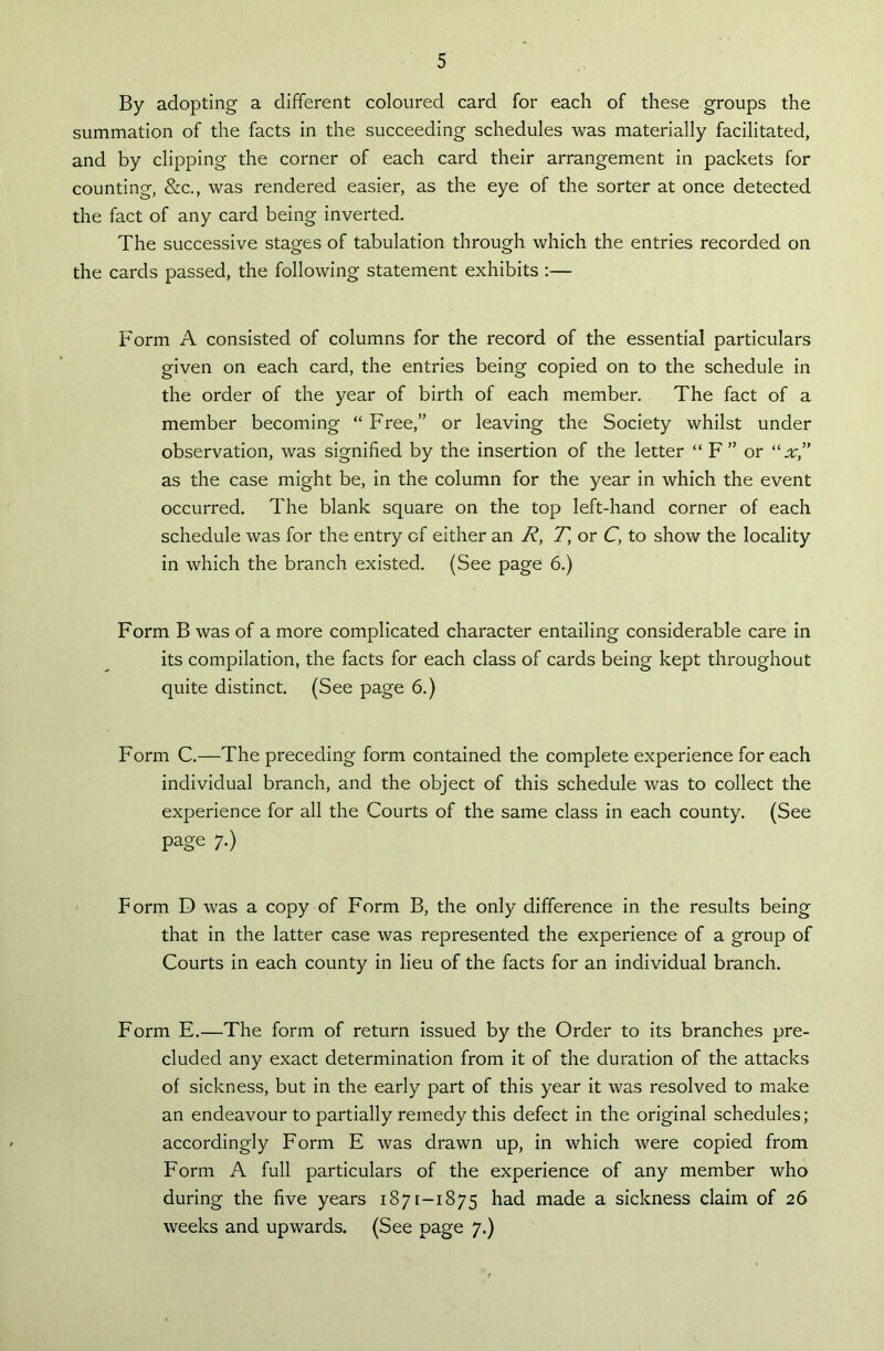 By adopting a different coloured card for each of these groups the summation of the facts in the succeeding schedules was materially facilitated, and by clipping the corner of each card their arrangement in packets for counting, &c., was rendered easier, as the eye of the sorter at once detected the fact of any card being inverted. The successive stages of tabulation through which the entries recorded on the cards passed, the following statement exhibits :— Form A consisted of columns for the record of the essential particulars given on each card, the entries being copied on to the schedule in the order of the year of birth of each member. The fact of a member becoming “ Free,” or leaving the Society whilst under observation, was signified by the insertion of the letter “ F” or “x,” as the case might be, in the column for the year in which the event occurred. The blank square on the top left-hand corner of each schedule was for the entry of either an R, T, or C, to show the locality in which the branch existed. (See page 6.) Form B was of a more complicated character entailing considerable care in its compilation, the facts for each class of cards being kept throughout quite distinct. (See page 6.) Form C.—The preceding form contained the complete experience for each individual branch, and the object of this schedule was to collect the experience for all the Courts of the same class in each county. (See page 7.) Form D was a copy of Form B, the only difference in the results being that in the latter case was represented the experience of a group of Courts in each county in lieu of the facts for an individual branch. Form E.—The form of return issued by the Order to its branches pre- cluded any exact determination from it of the duration of the attacks of sickness, but in the early part of this year it was resolved to make an endeavour to partially remedy this defect in the original schedules; accordingly Form E was drawn up, in which were copied from Form A full particulars of the experience of any member who during the five years 187 [-1875 had made a sickness claim of 26 weeks and upwards. (See page 7.)