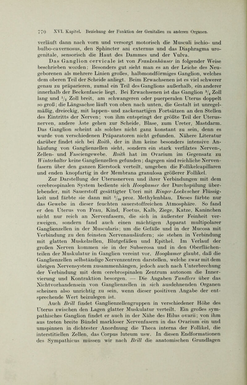 verläuft dann nach vorn und versorgt motorisch die Musculi ischio- und bulbo-cavernosus, den Sphincter ani externus und das Diaphragma uro- genitale, sensorisch die Haut des Dammes und der Vulva. Das Ganglion cervicale ist von Frankenhäuser in folgender Weise beschrieben worden: Besonders gut sieht man es an der Leiche des Neu- geborenen als mehrere Linien großes, halbmondförmiges Ganglion, welches dem oberen Teil der Scheide anliegt . Beim Erwachsenen ist es viel schwerer genau zu präparieren, zumal ein Teil des Ganglions außerhalb, ein anderer innerhalb der Beckenfascie hegt. Bei Erwachsenen ist das Ganglion 3/4 Zoll lang und 1/2 Zoll breit, am schwangeren oder puerperalen Uterus doppelt so groß; die Längsachse läuft von oben nach unten, die Gestalt ist unregel- mäßig, dreieckig, mit lappen- und zackenartigen Fortsätzen an den Stellen des Eintritts der Nerven; von ihm entspringt der größte Teil der Uterus- nerven, andere Äste gehen zur Scheide, Blase, zum Ureter, Mastdarm. Das Ganglion scheint als solches nicht ganz konstant zu sein, denn es wurde von verschiedenen Präparatoren nicht gefunden. Nähere Literatur darüber findet sich bei Eoith, der in ihm keine besonders intensive An- häufung von Ganglienzellen sieht, sondern ein stark verfilztes Nerven-, Zellen- und Fasciengewebe. Eoith hat im Ovarium im Gegensatz zu Winterhalter keine Ganglienzellen gefunden; dagegen sind reichliche Nerven- fasern über den ganzen Eierstock verteilt, umgeben die Follikelcapillaren und enden knopfartig in der Membrana granulosa größerer Follikel. Zur Darstellung der Uterusnerven und ihrer Verbindungen mit dem cerebrospinalen System bediente sich Hoogkamer der Durchspülung über- lebender, mit Sauerstoff gesättigter Uteri mit Einger-Lockescher Flüssig- keit und färbte sie dann mit 1/10 proz. Methylenblau. Dieses färbte nur das Gewebe in dieser feuchten sauerstoffreichen Atmosphäre. So fand er den Uterus von Frau, Kind, Foetus, Kalb, Ziege, Katze, Kaninchen nicht nur reich an Nervenfasern, die sich in äußerster Feinheit ver- zweigen, sondern fand auch einen mächtigen Apparat multipolarer Ganglienzellen in der Muscularis; um die Gefäße und in der Mucosa mit Verbindung zu den feinsten Nervenausläufern; sie stehen in Verbindung mit glatten Muskelzellen, Blutgefäßen und Epithel. Im Verlauf der großen Nerven kommen sie in der Subserosa und in den Oberflächen- teilen der Muskulatur in Ganglien vereint vor. Hoogkamer glaubt, daß die Ganglienzellen selbständige Nervenzentren darstellen, welche zwar mit dem übrigen Nervensystem Zusammenhängen, jedoch auch nach Unterbrechung der Verbindung mit dem cerebrospinalen Zentrum autonom die Inner- vierung und Kontraktion besorgen. — Die Angaben Tandlers über das Nichtvorhandensein von Ganglienzellen in sich ausdehnenden Organen scheinen also unrichtig zu sein, wenn dieser positiven Angabe der ent- sprechende Wert beizulegen ist. Auch Brill findet Ganglienzellengruppen in verschiedener Höhe des Uterus zwischen den Lagen glatter Muskulatur verteilt. Ein großes sym- pathisches Ganglion findet er auch in der Nähe des Hilus ovarii; von ihm aus treten breite Bündel markloser Nervenfasern in das Ovarium ein und umspinnen in dichtester Anordnung die Theca interna der Follikel, die interstitiellen Zellen, das Corpus luteum usw. In diesen Endformationen des Sympathicus müssen wir nach Brill die anatomischen Grandlagen