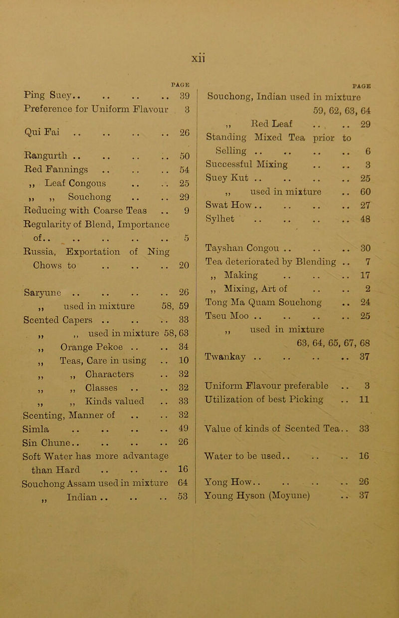 Xll Ping Suey.. PAGE .. 39 Preference for Uniform Flavour 3 Qui Fai .. 26 Rangurth .. 50 Red Fannings .. 54 ,, Leaf Congous .. 25 ,, ,, Souchong .. 29 Reducing with Coarse Teas .. 9 Regularity of Blend, Importance of.. •• •• Russia, Exportation of Ning Chows to .. .. .. 20 Saryune .. .. .. .. 2G >> used in mixture 58, 59 Scented Capers .. .. 33 n ,, used in mixture 58,63 >> Orange Pekoe .. .. 34 Teas, Care in using .. 10 n ,, Characters .. 32 99 ,, Classes .. 32 9 9 ,, Kinds valued .. 33 Scenting, Manner of .. 32 Simla .. .. .. .. 49 Sin Chune.. .. .. .. 26 Soft Water has more advantage than Hard .. .. .. 16 Souchong Assam used in mixture 64 „ Indian.. .. .. 53 PAGE Souchong, Indian used in mixture 59, 62, 63, 64 ,, Red Leaf .. 29 Standing Mixed Tea prior to Selling 6 Successful Mixing 3 Suey Kut 25 ,, used in mixture 60 Swat How.. 27 Sylhet 48 Tayshan Congou .. 30 Tea deteriorated by Blending .. 7 ,, Making 17 ,, Mixing, Art of 2 Tong Ma Quam Souchong 24 Tseu Moo .. 25 ,, used in mixture 63, 64, 65, 67, 68 Twankay .. 37 Uniform Flavour preferable 3 Utilization of best Picking 11 Value of kinds of Scented Tea.. 33 Water to be used.. 16 YongHow.. 26 Young Hyson (Moyune) 37