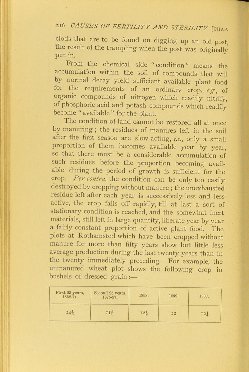 clods that are to be found on digging up an old post, the lesult of the trampling when the post was originally put in. From the chemical side “condition” means the accumulation within the soil of compounds that will by normal decay yield sufficient available plant food for the requirements of an ordinary crop, eg., of organic compounds of nitrogen which readily nitrify, of phosphoric acid and potash compounds which readily become “ available ” for the plant. The condition of land cannot be restored all at once by manuring ; the residues of manures left in the soil after the first season are slow-acting, z.e., only a small proportion of them becomes available year by year, so that there must be a considerable accumulation of such residues before the proportion becoming avail- able during the period of growth is sufficient for the crop. Per contra, the condition can be only too easily destroyed by cropping without manure ; the unexhausted residue left after each year is successively less and less active, the crop falls off rapidly, till at last a sort of stationary condition is reached, and the somewhat inert materials, still left in large quantity, liberate year by year a fairly constant proportion of active plant food. The plots at Rothamsted which have been cropped without manure for more than fifty years show but little less average production during the last twenty years than in the twenty immediately preceding. For example, the unmanured wheat plot shows the following crop in bushels of dressed grain :— First 28 years, 1852-74. Second 23 years, 1875-97. 1898. 1899. 1900. Hi Hi I2J 12 I2.f