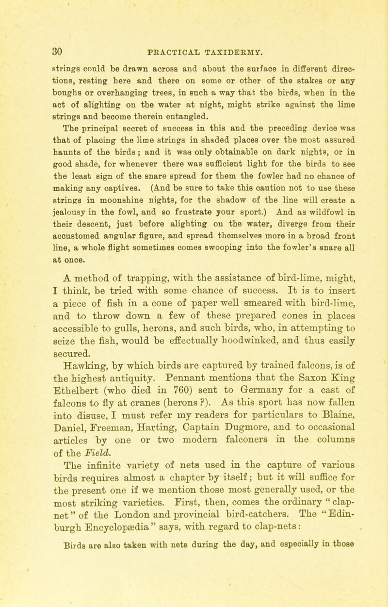 strings conld be drawn across and about the surface in different direc- tions, resting here and there on some or other of the stakes or any boughs or overhanging trees, in such a way that the birds, when in the act of alighting on the water at night, might strike against the lime strings and become therein entangled. The principal secret of success in this and the preceding device was that of placing the lime strings in shaded places over the most assured haunts of the birds ; and it was only obtainable on dark nights, or in good shade, for whenever there was sufficient light for the birds to see the least sign of the snare spread for them the fowler had no chance of making any captives. (And be sure to take this caution not to use these strings in moonshine nights, for the shadow of the line will create a jealousy in the fowl, and so frustrate your sport.) And as wildfowl in their descent, just before alighting on the water, diverge from their accustomed angular figure, and spread themselves more in a broad front line, a whole flight sometimes comes swooping into the fowler’s snare all at once. A method of trapping, with the assistance of bird-lime, might, I think, be tried with some chance of success. It is to insert a piece of fish in a cone of paper well smeared with bird-lime, and to throw down a few of these prepared cones in places accessible to gulls, herons, and such birds, who, in attempting to seize the fish, would be effectually hoodwinked, and thus easily secured. Hawking, by which birds are captured by trained falcons, is of the highest antiquity. Pennant mentions that the Saxon King Ethelhert (who died in 760) sent to Germany for a cast of falcons to fly at cranes (herons ?). As this sport has now fallen into disuse, I must refer my readers for particulars to Blaine, Daniel, Freeman, Harting, Captain Dugmore, and to occasional articles by one or two modern falconers in the columns of the Field. The infinite variety of nets used in the capture of various birds requires almost a chapter by itself; but it will suffice for the present one if we mention those most generally used, or the most striking varieties. First, then, comes the ordinary “ clap- net” of the London and provincial bird-catchers. The “Edin- burgh Encyclopaedia ” says, with regard to clap-nets: Birds are also taken with nets during the day, and especially in those