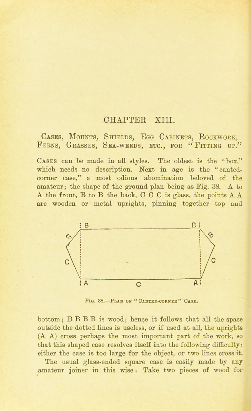 CHAPTER XIII. Cases, Mounts, Shields, Egg Cabinets, Rockwork, Ferns, Grasses, Sea-weeds, etc., for “Fitting up.” Oases can be made in all styles. The oldest is the “box,” wbicb needs no description. Next in age is tbe “ canted- comer case,” a most odious abomination beloved of tbe amateur; tbe shape of tbe ground plan being as Fig. 38. A to A tbe front, B to B tbe back, 0 0 0 is glass, tbe points A A are wooden or metal uprights, pinning together top and Fig. 38.—Plan of “ Canted-corner Case. bottom; B B B B is wood; hence it follows that all tbe space outside tbe dotted lines is useless, or if used at all, tbe uprights (A A) cross perhaps tbe most important part of tbe work, so that this shaped case resolves itself into tbe following difficulty: either tbe case is too large for tbe object, or two lines cross it. Tbe usual glass-ended square case is easily made by any amateur joiner in this wise : Take two pieces of wood for