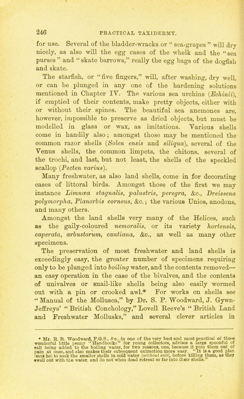 for use. Several of the bladder-wracks or “ sea-grapes ” will dry nicely, as also will the egg cases of the whelk and the “sea purses ” and “ skate barrows,” really the egg bags of the dogfish and skate. The starfish, or “five fingers,” will, after washing, dry well, or can be plunged in any one of the hardening solutions mentioned in Chapter IV. The various sea urchins (JEchinii), if emptied of their contents, make pretty objects, either with or without their spines. The beautiful sea anemones are, however, impossible to preserve as dried objects, but must be modelled in glass or wax, as imitations. Various shells come in handily also; amongst those may be mentioned the common razor shells (Solen ensis and siliqua), several of the Venus shells, the common limpets, the chitons, several of the trochi, and last, but not least, the shells of the speckled scallop (Pecten varius). Many freshwater, as also land shells, come in for decorating cases of littoral birds. Amongst those of the first we may instance Limncea stagnalis, palustris, peregra, &c., Dreissena polymorpha, Planorbis corneus, &c.; the various Unios, anodons, and many others. Amongst the land shells very many of the Helices, such as the gaily-coloured nemoralis, or its variety hortensis, caperata, arbustorum, cantiana, &c., as well as many other specimens. The preservation of most freshwater and land shells is exceedingly easy, the greater number of specimens requiring only to be plunged into boiling water, and the contents removed— an easy operation in the case of the bivalves, and the contents of univalves or snail-like shells being also easily wormed out with a pin or crooked awl.# For works on shells see “ Manual of the Mollusca,” by Dr. S. P. Woodward, J. Gywn- Jeffreys’ “ British Conchology,” Lovell Reeve’s “ British Land and Freshwater Mollusks,” and several clever articles in * Mr. R. B. Woodward, F.G.S., S'o.. in one of the very best and most practical of those wonderful little penny “Handbooks” for young collectors, advises a large spoonful of salt being added to the boiling water, for two reasons, one, because it puts them out of pain at once,and also makes their subsequent extraction more easy. “It is a good plan (gays he) to soak the smaller shells in cold water (without salt), before killing them, as they swoll out with the water, and do not when dead retreat so far into their shells.”