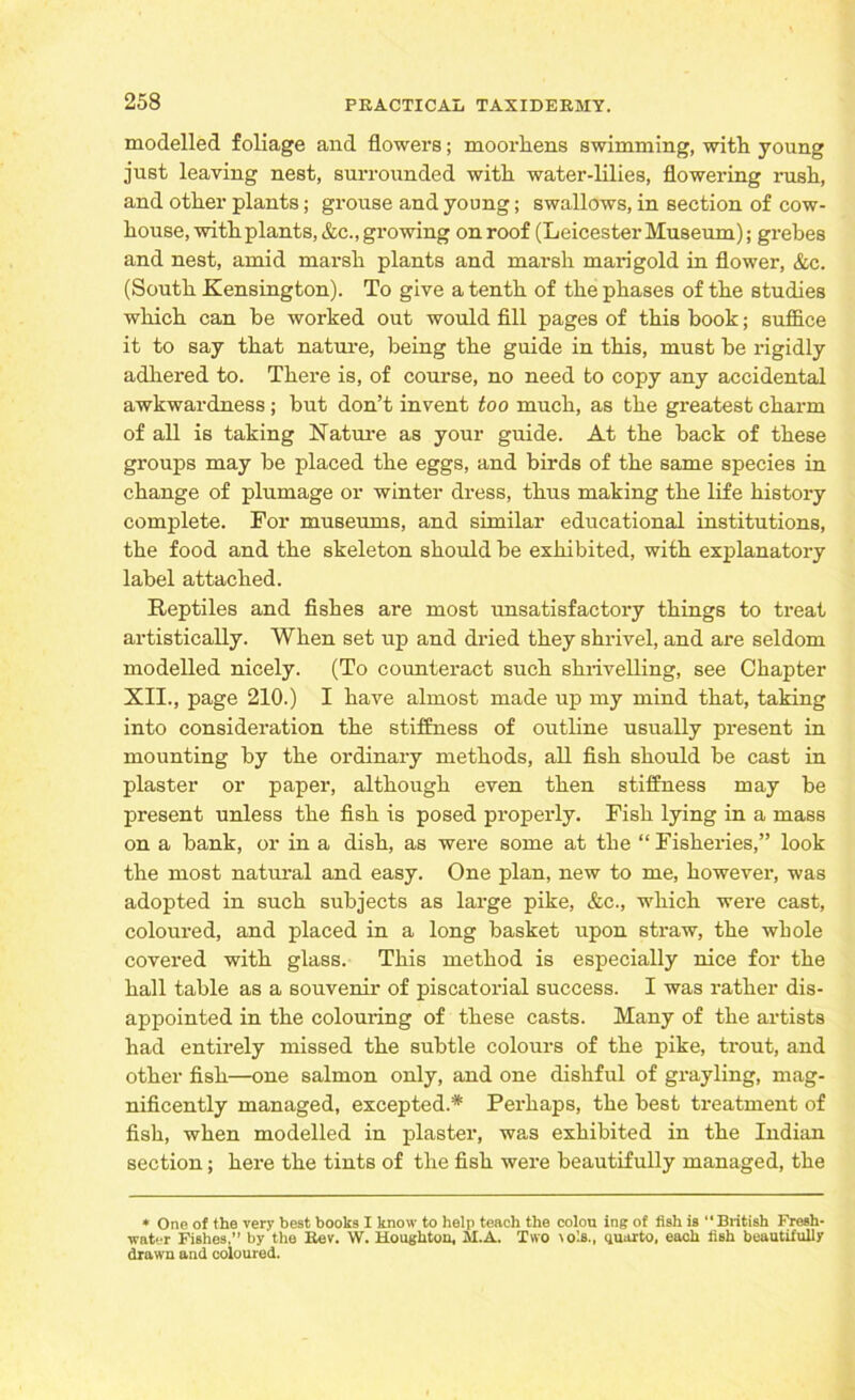 modelled foliage and flowers; moorhens swimming, with young just leaving nest, surrounded with water-lilies, flowering rush, and other plants; grouse and young; swallows, in section of cow- house, with plants, &c., growing on roof (Leicester Museum); grebes and nest, amid marsh plants and marsh marigold in flower, &c. (South Kensington). To give a tenth of the phases of the studies which can be worked out would fill pages of this book; suffice it to say that nature, being the guide in this, must he rigidly adhered to. There is, of course, no need to copy any accidental awkwardness; but don’t invent too much, as the greatest charm of all is taking Nature as your guide. At the hack of these groups may he placed the eggs, and birds of the same species in change of plumage or winter dress, thus making the life history complete. For museums, and similar educational institutions, the food and the skeleton should be exhibited, with explanatory label attached. Reptiles and fishes are most unsatisfactory things to treat artistically. When set up and dried they shrivel, and are seldom modelled nicely. (To counteract such shrivelling, see Chapter XII., page 210.) I have almost made up my mind that, taking into consideration the stiffness of outline usually present in mounting by the ordinary methods, all fish should he cast in plaster or paper, although even then stiffness may he present unless the fish is posed properly. Fish lying in a mass on a bank, or in a dish, as were some at the “ Fisheries,” look the most natural and easy. One plan, new to me, however, was adopted in such subjects as large pike, &c., which were cast, coloured, and placed in a long basket upon straw, the whole covered with glass. This method is especially nice for the hall table as a souvenir of piscatorial success. I was rather dis- appointed in the colouring of these casts. Many of the artists had entirely missed the subtle colours of the pike, trout, and other fish—one salmon only, and one dishful of grayling, mag- nificently managed, excepted.* Perhaps, the best treatment of fish, when modelled in plaster, was exhibited in the Indian section; here the tints of the fish were beautifully managed, the * One of the very best books I know to help teach the colou ing of fish is “British Fresh- water Fishes,” by'the Rev. W. Houghton, M.A. Two \o'.s., quarto, each fish beautifully drawn and coloured.