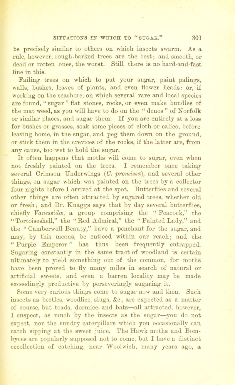 be precisely similar to others on which insects swarm. As a rule, however, rough-harked trees are the best; and smooth, or dead or rotten ones, the worst. Still there is no hard-and-fast line in this. Failing trees on which to put your sugar, paint palings, walls, bushes, leaves of plants, and even flower heads: or, if working on the seashore, on which several rare and local species are found, “ sugar ” fiat stones, rocks, or even make bundles of the mat weed, as you will have to do on the “ denes ” of Norfolk or similar places, and sugar them. If you are entirely at a loss for bushes or grasses, soak some pieces of cloth or calico, before leaving home, in the sugar, and peg them down on the ground, or stick them in the crevices of the rocks, if the latter are, from any cause, too wet to hold the sugar. It often happens that moths will come to sugar, even when not freshly painted on the trees. I remember once taking several Crimson Underwings (C. promissa), and several other things, on sugar which was painted on the trees by a collector four nights before I arrived at the spot. Butterflies and several other things are often attracted by sugared trees, whether old or fresh; and Dr. Knaggs says that by day several butterflies, chiefly Vanessiclce, a group comprising the “ Peacock,” the “ Tortoiseshell,” the “ Red Admiral,” the “ Painted Lady,” and the “ Camberwell Beauty,” have a penchant for the sugar, and may, by this means, be enticed within our reach; and the “ Purple Emperor ” has thus been frequently entrapped. Sugaring constantly in the same tract of woodland is certain ultimately to yield something out of the common, for moths have been proved to fly many miles in search of natural or artificial sweets, and even a barren locality may be made exceedingly productive by perseveringly sugaring it. Some very curious things come to sugar now and then. Such insects as beetles, woodlice, slugs, (fee., are expected as a matter of course, but toads, dormice, and bats—all attracted, however, I suspect, as much by the insects as the sugar—you do not expect, nor the sundry caterpillars which you occasionally can catch sipping at the sweet juice. The Hawk moths and Bom- byces are popularly supposed not to come, but I have a distinct recollection of catching, near Woolwich, many years ago, a