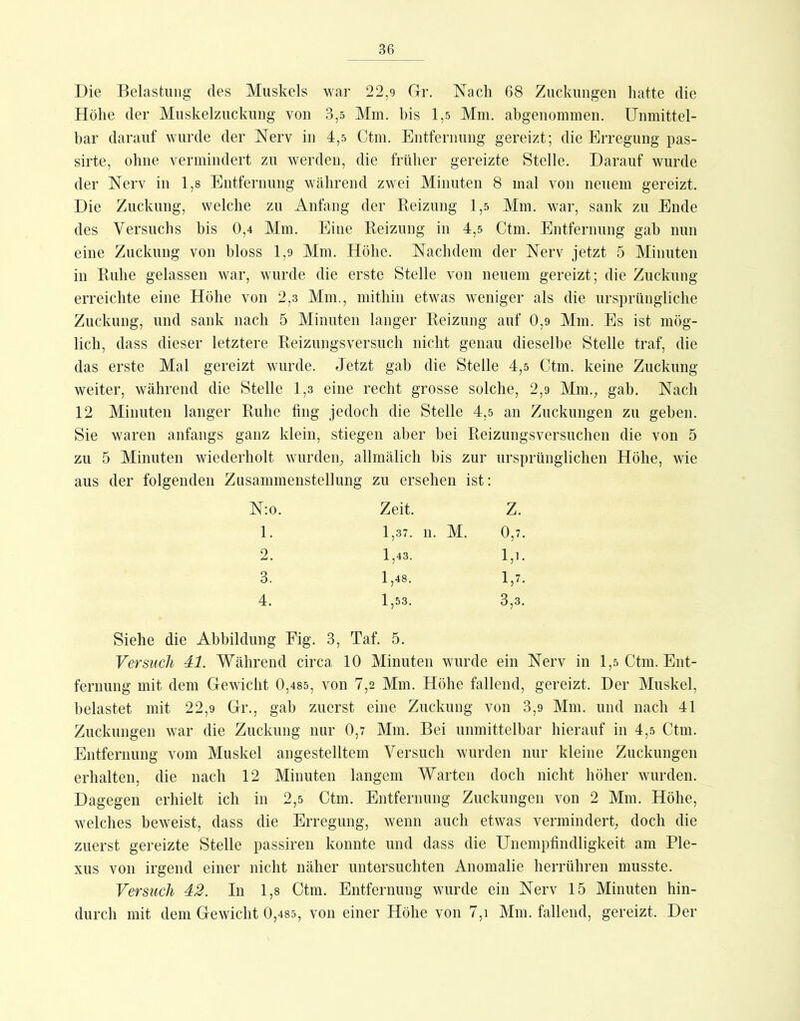 Die Belastung des Muskels war 22,9 Gr. l^acli 68 Zuckungen hatte die Höhe der Muskelzuckung von 3,s Mm. bis 1,5 Mm. abgenommen. Unmittel- bar darauf wurde der Nerv in 4,5 Ctm. Entfernung gereizt; die Erregung pas- sirte, ohne vermindert zu werden, die früher gereizte Stelle. Darauf wurde der Nerv in 1,8 Entfernung während zwei Minuten 8 mal von neuem gereizt. Die Zuckung, welche zu Anfang der Reizung 1,5 Mm. war, sank zu Ende des Versuchs bis 0,4 Mm. Eine Reizung in 4,5 Ctm. Entfernung gab nun eine Zuckung von bloss 1,9 Mm. Höhe. Nachdem der Nerv jetzt 5 Minuten in Ruhe gelassen war, wurde die erste Stelle von neuem gereizt; die Zuckung erreichte eine Höhe von 2,3 Mm., mithin etwas weniger als die ursprüngliche Zuckung, und sank nach 5 Minuten langer Reizung auf 0,9 Mm. Es ist mög- lich, dass dieser letztere Reizungsversuch nicht genau dieselbe Stelle traf, die das erste Mal gereizt wurde. Jetzt gab die Stelle 4,5 Ctm. keine Zuckung weiter, während die Stelle 1,3 eine recht grosse solche, 2,9 Mm., gab. Nach 12 Minuten langer Ruhe fing jedoch die Stelle 4,5 an Zuckungen zu geben. Sie waren anfangs ganz klein, stiegen aber bei Reizungsversuchen die von 5 zu 5 Minuten wiederholt wurden, allmälich bis zur ursprünglichen Höhe, wie aus der folgenden Zusammenstellung zu ersehen ist: N:o. Zeit. z. 1. 1,37. n. M. 0,7. 2. 1,43. 1,1. 3. 1,48. 1,7. 4. 1,53. 3,3. Siehe die Abbildung Fig. 3, Taf. 5. Versuch 4,1. Während circa 10 Minuten wurde ein Nerv in 1,5 Ctm. Ent- fernung mit dem Gewicht 0,485, von 7,2 Mm. Höhe fallend, gereizt. Der Muskel, belastet mit 22,9 Gr., gab zuerst eine Zuckung von 3,9 Mm. und nach 41 Zuckungen war die Zuckung nur 0,7 Mm. Bei unmittelbar hierauf in 4,5 Ctm. Entfernung vom Muskel angestelltem Versuch wurden nur kleine Zuckungen erhalten, die nach 12 Minuten langem Warten doch nicht höher wurden. Dagegen erhielt ich in 2,5 Ctm. Entfernung Zuckungen von 2 Mm. Höhe, welches beweist, dass die Erregung, wenn auch etwas vermindert, doch die zuerst gereizte Stelle passiren konnte und dass die Unempfindligkeit am Ple- xus von irgend einer nicht näher untersuchten Anomalie herrühren musste. Versuch 42. In 1,8 Ctm. Entfernung wurde ein Nerv 15 Minuten hin- durch mit dem Gewicht 0,485, von einer Höhe von 7,i Mm. fallend, gereizt. Der