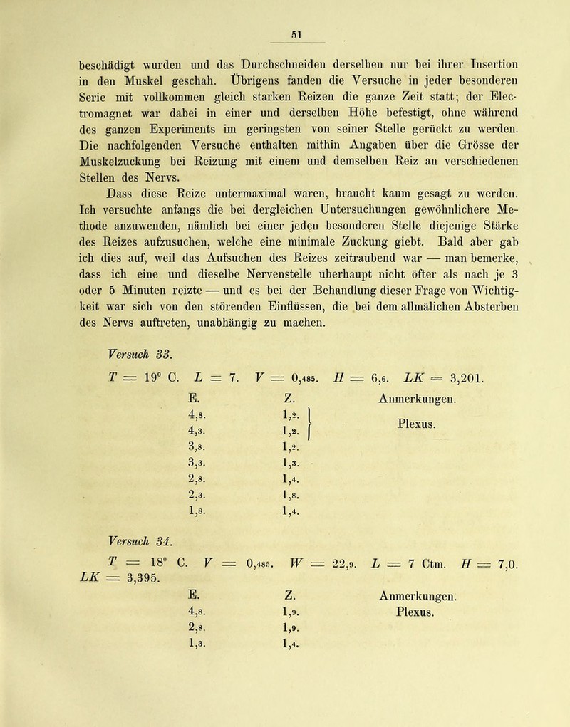 beschädigt wurden und das Durchschneiden derselben nur bei ihrer Insertion in den Muskel geschah. Übrigens fanden die Versuche in jeder besonderen Serie mit vollkommen gleich starken Eeizen die ganze Zeit statt; der Elec- tromagnet war dabei in einer und derselben Höhe befestigt, ohne während des ganzen Experiments im geringsten von seiner Stelle gerückt zu werden. Die nachfolgenden Versuche enthalten mithin Angaben über die Grösse der Muskelzuckung bei Reizung mit einem und demselben Reiz an verschiedenen Stellen des Nervs. Dass diese Reize untermaximal waren, braucht kaum gesagt zu werden. Ich versuchte anfangs die bei dergleichen Untersuchungen gewöhnlichere Me- thode anzuwenden, nämlich bei einer jed^n besonderen Stelle diejenige Stärke des Reizes aufzusuchen, welche eine minimale Zuckung giebt. Bald aber gab ich dies auf, weil das Aufsuchen des Reizes zeitraubend war — man bemerke, dass ich eine und dieselbe Nervenstelle überhaupt nicht öfter als nach je 3 oder 5 Minuten reizte — und es bei der Behandlung dieser Frage von Wichtig- keit war sich von den störenden Einflüssen, die bei dem allmälichen Absterben des Nervs auftreten, unabhängig zu machen. Versuch 33. T = 19 0. Versuch 34. T = 18 C. LK = 3,395. E. z. 4,8. 1,2. 4,3. 1,2. 3,8. 1,2. 3,3. 1,3. 2,8. 1,4. 2,3. 1,8. 1,8. 1,4. V = 0,48,‘j. W E. z. 4,8. 1,9. 2,8. 1,9. 1,3. 1,4. H = 6,6. LK = 3,201. Anmerkungen. Plexus. 22,9. L = 7 Ctm. H = 7,0. Anmerkungen. Plexus.