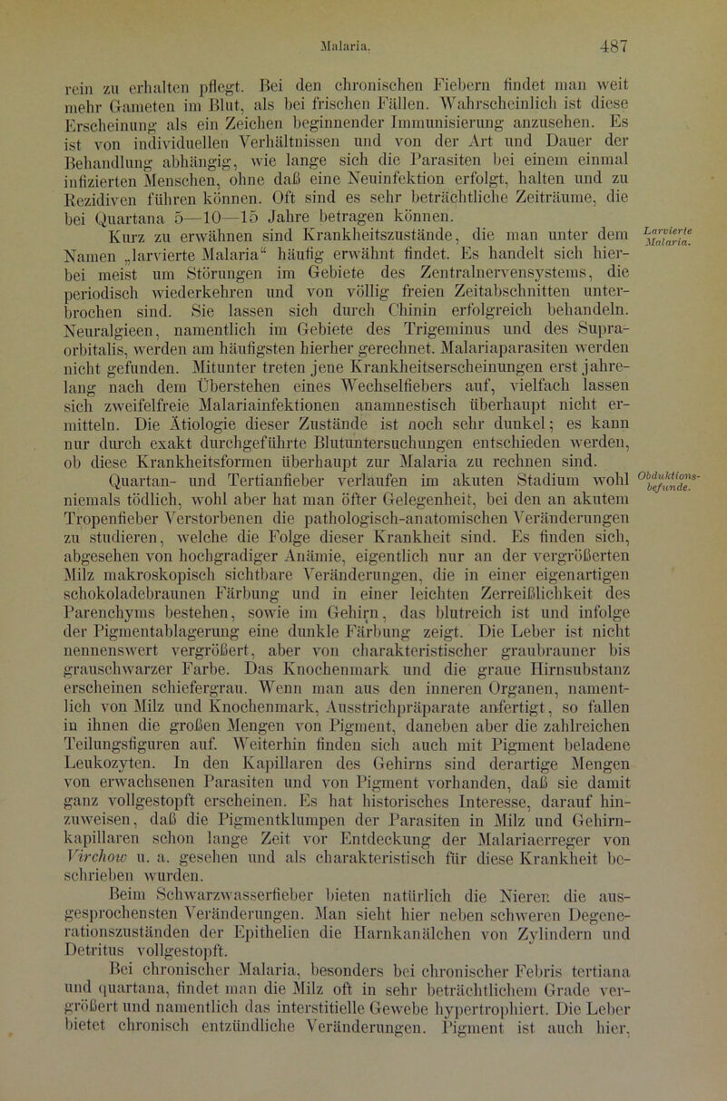 rein zu erhalten pflegt. Bei den chronischen Fiebern findet man weit mehr Gameten im Blut, als bei frischen Fällen. Wahrscheinlich ist diese Erscheinung als ein Zeichen beginnender Immunisierung anzusehen. Es ist von individuellen Verhältnissen und von der Art und Dauer der Behandlung abhängig, wie lange sieh die Parasiten hei einem einmal infizierten Menschen, ohne daß eine Neuinfektion erfolgt, halten und zu Rezidiven führen können. Oft sind es sehr beträchtliche Zeiträume, die bei Quartana 5—10—15 Jahre betragen können. Kurz zu erwähnen sind Krankheitszustände, die man unter dem Namen „larvierte Malaria“ häufig erwähnt findet. Es handelt sich hier- bei meist um Störungen im Gebiete des Zentralnervensystems, die periodisch wiederkehren und von völlig freien Zeitabschnitten unter- brochen sind. Sie lassen sich durch Chinin erfolgreich behandeln. Neuralgieen, namentlich im Gebiete des Trigeminus und des Supra- orbitalis, werden am häufigsten hierher gerechnet. Malariaparasiten werden nicht gefunden. Mitunter treten jene Krankheitserscheinungen erst jahre- lang nach dem Überstehen eines Wechselfiebers auf, vielfach lassen sich zweifelfreie Malariainfektionen anamnestisch überhaupt nicht er- mitteln. Die Ätiologie dieser Zustände ist noch sehr dunkel; es kann nur durch exakt durchgeführte Blutuntersuchungen entschieden werden, ob diese Krankheitsformen überhaupt zur Malaria zu rechnen sind. Quartan- und Tertianfieber verlaufen im akuten Stadium wohl niemals tödlich, wohl aber hat man öfter Gelegenheit, bei den an akutem Tropenfieber Verstorbenen die pathologisch-anatomischen Veränderungen zu studieren, welche die Folge dieser Krankheit sind. Es finden sich, abgesehen von hochgradiger Anämie, eigentlich nur an der vergrößerten Milz makroskopisch sichtbare Veränderungen, die in einer eigenartigen schokoladebraunen Färbung und in einer leichten Zerreiblichkeit des Parenchyms bestehen, sowie im Gehirn, das blutreich ist und infolge der Pigmentablagerung eine dunkle Färbung zeigt. Die Leber ist nicht nennenswert vergrößert, aber von charakteristischer graubrauner bis grauschwarzer Farbe. Das Knochenmark und die graue Hirnsubstanz erscheinen schiefergrau. Wenn man aus den inneren Organen, nament- lich von Milz und Knochenmark, Ausstrichpräparate anfertigt, so fallen in ihnen die großen Mengen von Pigment, daneben aber die zahlreichen Teilungsfiguren auf. Weiterhin finden sich auch mit Pigment beladene Leukozyten. In den Kapillaren des Gehirns sind derartige Mengen von erwachsenen Parasiten und von Pigment vorhanden, daß sie damit ganz vollgestopft erscheinen. Es hat historisches Interesse, darauf hin- zuweisen, daß die Pigmentklumpen der Parasiten in Milz und Gehirn- kapillaren schon lange Zeit vor Entdeckung der Malariaerreger von Virchow u. a, gesehen und als charakteristisch für diese Krankheit be- schrieben wurden. Beim Schwarzwasserfieber bieten natürlich die Nieren die aus- gesprochensten Veränderungen. Man sieht hier neben schweren Degene- rationszuständen der Epithelien die Harnkanälchen von Zylindern und Detritus vollgestopft. Bei chronischer Malaria, besonders bei chronischer Febris tertiana und quartana, findet man die Milz oft in sehr beträchtlichem Grade ver- größert und namentlich das interstitielle Gewebe hypertrophiert. Die Leber bietet chronisch entzündliche Veränderungen. Pigment ist auch hier, Larvierte Malaria. Obduktions- befunde.