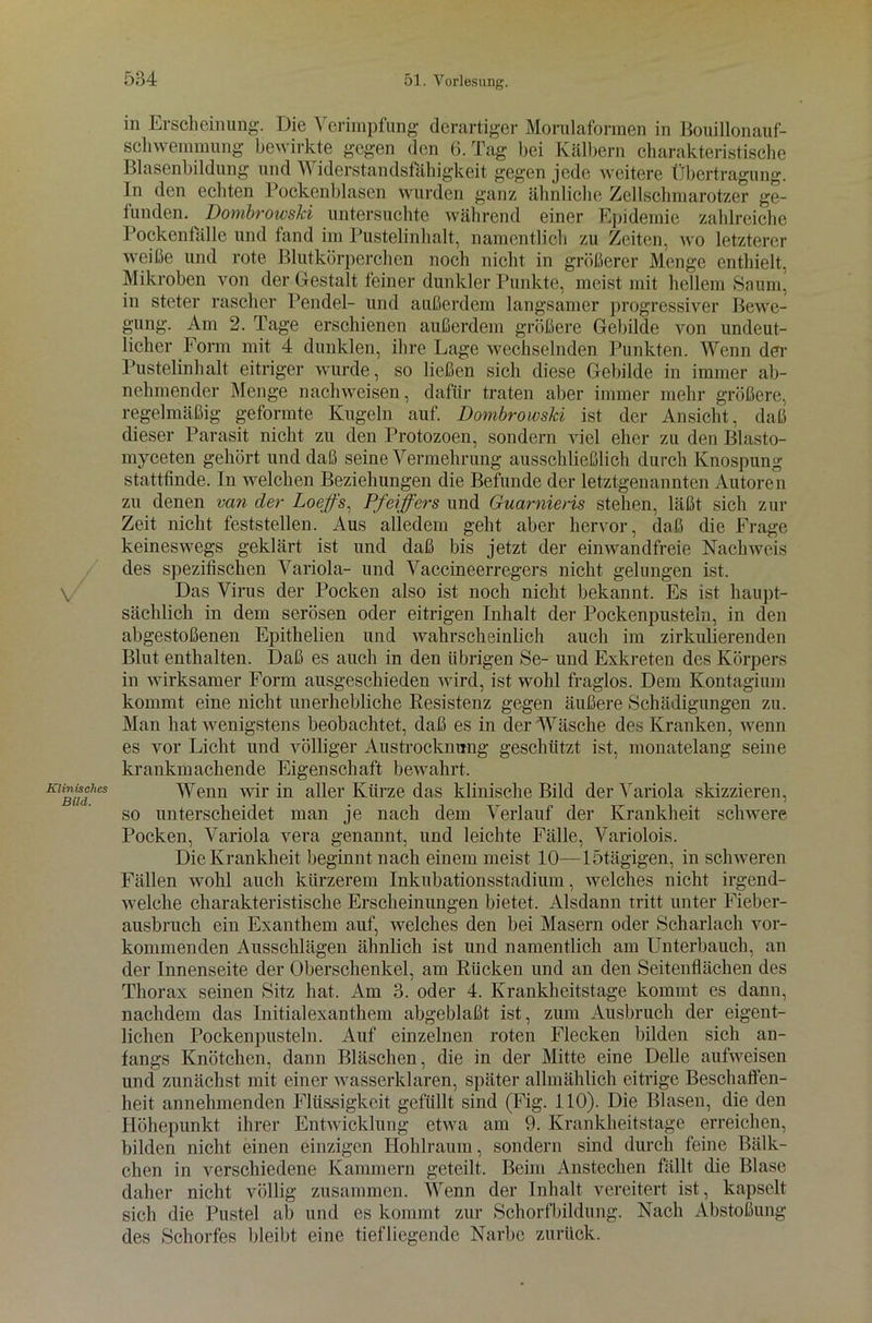 in Erscheinung. Die Verimpfung derartiger Morulaformen in Bouillonauf- schwemmung bewirkte gegen den 6. Tag bei Kälbern charakteristische Blasenbildung und Widerstandsfähigkeit gegen jede weitere Übertragung. Tn den echten Pockenblasen wurden ganz ähnliche Zellschmarotzer ge- funden. ^ Dombrowski untersuchte während einer Epidemie zahlreiche Pockenfälle und fand im Pustelinhalt, namentlich zu Zeiten, wo letzterer weiße und rote Blutkörperchen noch nicht in größerer Menge enthielt, Mikroben von der Gestalt feiner dunkler Punkte, meist mit hellem Saum, in steter rascher Pendel- und außerdem langsamer progressiver Bewe- gung. Am 2. Tage erschienen außerdem größere Gebilde von undeut- licher Form mit 4 dunklen, ihre Lage wechselnden Punkten. Wenn der Pustelinhalt eitriger wurde, so ließen sich diese Gebilde in immer ab- nehmender Menge nachweisen, dafür traten aber immer mehr größere, regelmäßig geformte Kugeln auf. Dombrowski ist der Ansicht, daß dieser Parasit nicht zu den Protozoen, sondern viel eher zu den Blasto- myceten gehört und daß seine Vermehrung ausschließlich durch Knospung stattfinde. In welchen Beziehungen die Befunde der letztgenannten Autoren zu denen van der Loeffs, Pfeiffers und Guarnieris stehen, läßt sich zur Zeit nicht feststellen. Aus alledem geht aber hervor, daß die Frage keineswegs geklärt ist und daß bis jetzt der einwandfreie Nachweis des spezifischen Variola- und Vaccineerregers nicht gelungen ist. Das Virus der Pocken also ist noch nicht bekannt. Es ist haupt- sächlich in dem serösen oder eitrigen Inhalt der Pockenpusteln, in den abgestoßenen Epithelien und wahrscheinlich auch im zirkulierenden Blut enthalten. Daß es auch in den übrigen Se- und Exkreten des Körpers in wirksamer Form ausgeschieden wird, ist wohl fraglos. Dem Kontagium kommt eine nicht unerhebliche Resistenz gegen äußere Schädigungen zu. Man hat wenigstens beobachtet, daß es in der Wäsche des Kranken, wenn es vor Licht und völliger Austrocknung geschützt ist, monatelang seine krankmachende Eigenschaft bewahrt. Wenn wir in aller Kürze das klinische Bild der Variola skizzieren, so unterscheidet man je nach dem Verlauf der Krankheit schwere Pocken, Variola vera genannt, und leichte Fälle, Variolois. Die Krankheit beginnt nach einem meist 10—lötägigen, in schweren Fällen wohl auch kürzerem Inkubationsstadium, welches nicht irgend- welche charakteristische Erscheinungen bietet. Alsdann tritt unter Fieber- ausbruch ein Exanthem auf, welches den bei Masern oder Scharlach vor- kommenden Ausschlägen ähnlich ist und namentlich am Unterbauch, an der Innenseite der Oberschenkel, am Rücken und an den Seitenflächen des Thorax seinen Sifz hat. Am 3. oder 4. Krankheitstage kommt es dann, nachdem das Initialexanthem abgeblaßt ist, zum Ausbruch der eigent- lichen Pockenpusteln. Auf einzelnen roten Flecken bilden sich an- fangs Knötchen, dann Bläschen, die in der Mitte eine Delle aufweisen und zunächst mit einer wasserklaren, später allmählich eitrige Beschaffen- heit annehmenden Flüssigkeit gefüllt sind (Fig. 110). Die Blasen, die den Höhepunkt ihrer Entwicklung etwa am 9. Krankheitstage erreichen, bilden nicht einen einzigen Hohlraum, sondern sind durch feine Bälk- chen in verschiedene Kammern geteilt. Beim Anstechen fällt die Blase daher nicht völlig zusammen. Wenn der Inhalt vereitert ist, kapselt sich die Pustel ab und es kommt zur Schorfbildung. Nach Abstoßung des Schorfes bleibt eine tiefliegende Narbe zurück.