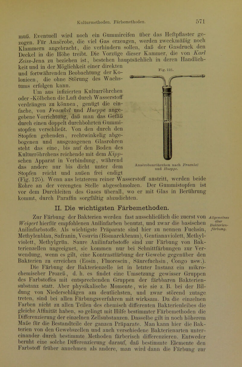 muß. Eventuell wird noch ein Gummireifen über das Heftpflaster ge- zogen. Für Anaerobe, die viel Gas erzeugen, werden zweckmäßig noch Klammern angebracht, die verhindern sollen, daß der Gasdruck den Deckel in die Höhe treibt. Die Vorzüge dieser Kammer, die von Karl Zeiss-Jena zu beziehen ist, bestehen hauptsächlich in deren Handlich- keit und in der Möglichkeit einer direkten und fortwährenden Beobachtung der Ko- lonieen, die ohne Störung des Wachs- tums erfolgen kann. Um aus infizierten Kulturröhrchen oder -Kölbchen die Luft durch Wasserstoff verdrängen zu können, genügt die ein- fache, von Fraenkel und Hueppe ange- gebene Vorrichtung, daß man das Gefäß durch einen doppelt durchbohrten Gummi- stopfen verschließt. Von den durch den Stopfen gehenden, rechtwinkelig abge- bogenen und ausgezogenen Glasröhren steht das eine, bis auf den Boden des Kulturröhrchens reichende mit dem Kipp- schen Apparat in Verbindung, während das andere nur bis dicht unter dem Anaaroben^^nach *>««.*«* Stopfen reicht und außen frei endigt (Fig. 125). Wenn aus letzterem reiner Wasserstoff austritt, werden beide Rohre an der verengten Stelle abgeschmolzen. Der Gummistopfen ist vor dem Durchleiten des Gases überall, wo er mit Glas in Berührung kommt, durch Paraffin sorgfältig abzudichten. II. Die wichtigsten Färbemethoden. Zur Färbung der Bakterien werden fast ausschließlich die zuerst von Weigert hierfür empfohlenen Anilinfarben benutzt, und zwar die basischen Methylenblau, Safranin, Vesuvin (Bismarckbraun), Gentianaviolett, Methyl- violett, Methylgrün. Saure Anilinfarbstoffe sind zur Färbung von Bak- terienzellen ungeeignet, sie kommen nur bei Schnittfärbungen zur Ver- wendung, wenn es gilt, eine Kontrastfärbung der Gewebe gegenüber den Bakterien zu erreichen (Eosin, Fluorescin, Säurefuchsin, Congo usw.). Die Färbung der Bakterienzelle ist in letzter Instanz ein mikro- chemischer Prozeß, d. h. es findet eine Umsetzung gewisser Gruppen des Farbstoffes mit entsprechenden Gruppen der färbbaren Bakterien- substanz statt. Aber physikalische Momente, wie sie z. B. bei der Bil- dung von Niederschlägen am deutlichsten, und zwar störend zutage treten, sind bei allen Färbungsverfahren mit wirksam. Da die einzelnen Farben nicht zu allen Teilen des chemisch differenten Bakterienleibes die gleiche Affinität haben, so gelingt mit Hilfe bestimmter Färbemethoden die Differenzierung der einzelnen Zellsubstanzen. Dasselbe gilt in noch höherem Maße für die Bestandteile der ganzen Präparate. Man kann liier die Bak- terien von den Gewebszellen und auch verschiedene Bakterienarten unter- einander durch bestimmte Methoden färberisch differenzieren. Entweder beruht eine solche Differenzierung darauf, daß bestimmte Elemente den Farbstoff früher annehmen als andere, man wird dann die Färbung zur Allgemeines über Bakterien-