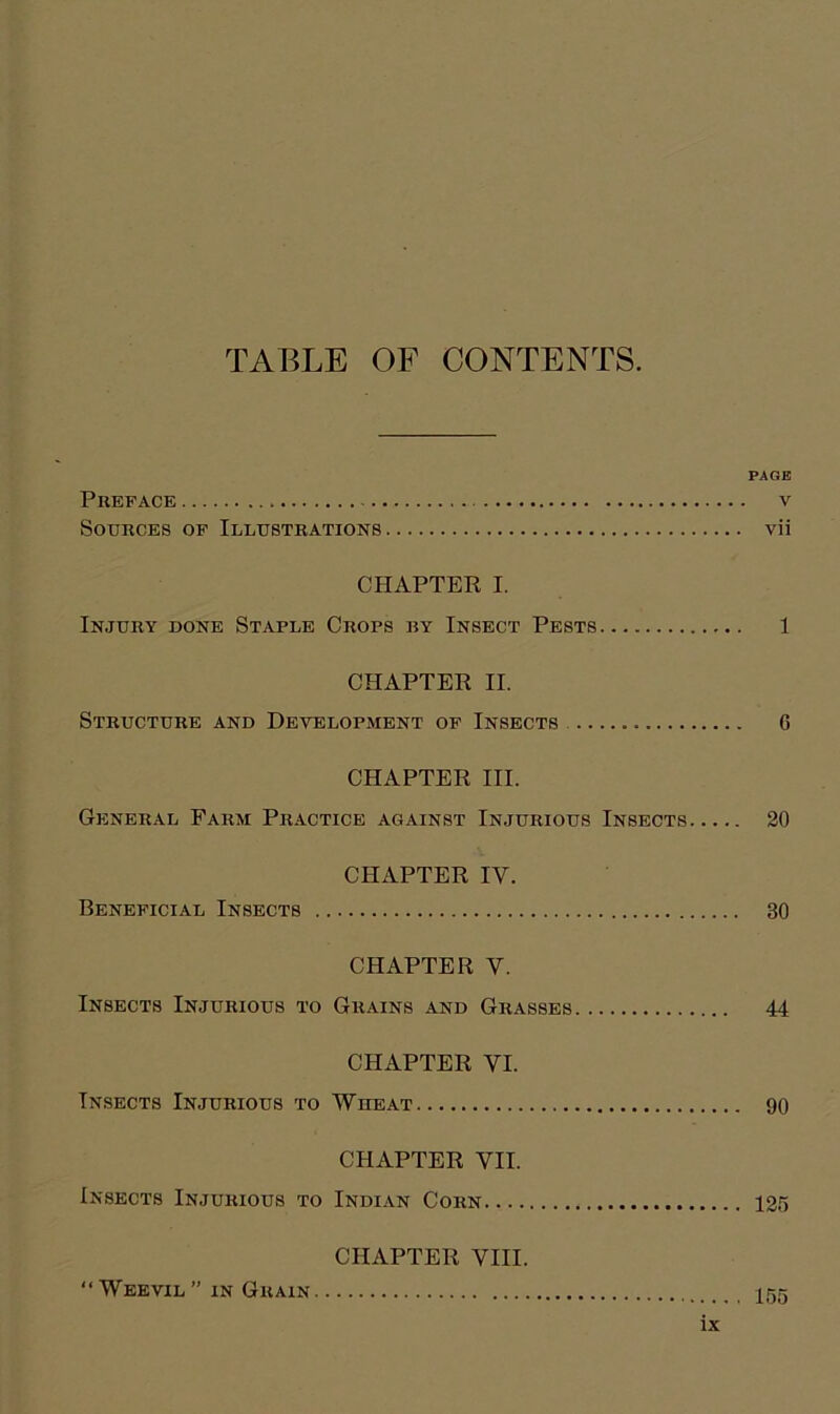 TABLE OF CONTENTS. PAGE Preface v Sources of Illustrations vii CHAPTEK I. Injury done Staple Crops ry Insect Pests 1 CHAPTER II. Structure and Development of Insects 6 CHAPTER III. General Farm Practice against Injurious Insects 20 CHAPTER IV. Beneficial Insects 30 CHAPTER V. Insects Injurious to Grains and Grasses 44 CHAPTER VI. Insects Injurious to Wheat 90 CHAPTER VII. Insects Injurious to Indian Corn 125 CHAPTER VIII. “Weevil” in Grain I55