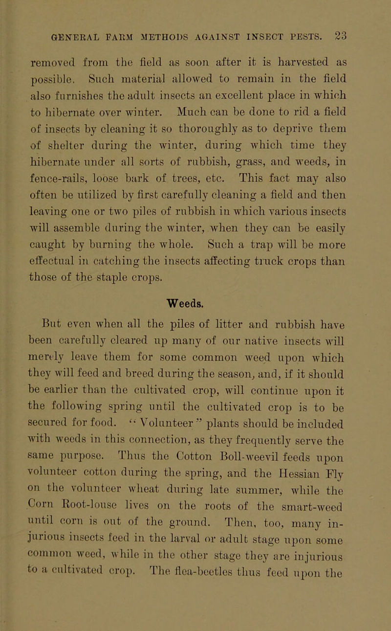 removed from the field as soon after it is harvested as possible. Such material allowed to remain in the field also furnishes the adult insects an excellent place in which to hibernate over winter. Much can be done to rid a field of insects by cleaning it so thoroughly as to deprive them of shelter during the winter, during which time they hibernate under all sorts of rubbish, grass, and v'eeds, in fence-rails, loose bark of trees, etc. This fact may also often be utilized by first carefully cleaning a field and then leaving one or two piles of rubbish in which various insects will assemble during the winter, when they can be easily caught by burning the whole. Such a trap will be more elfectual in catching the insects affecting truck crops than those of the staple crops. Weeds. But even when all the piles of litter and rubbish have been carefully cleared up many of our native insects will mert'ly leave them for some common weed upon which they will feed and breed during the season, and, if it should be earlier than the cultivated crop, will continue upon it the following spring until the cultivated crop is to be secured for food. Volunteer ” plants should be included with weeds in this connection, as they frequently serve the same purpose. Thus the Cotton Boll-weevil feeds upon volunteer cotton during the spring, and the Hessian Fly on the volunteer wheat during late summer, while the Corn Itoot-louse lives on the roots of the smart-weed until corn is out of the ground. Then, too, many in- jurious inseets feed in the larval or adult stage upon some common weed, while in the other stage they ure injurious to a cultivated crop. The flea-beetles thus feed upon the