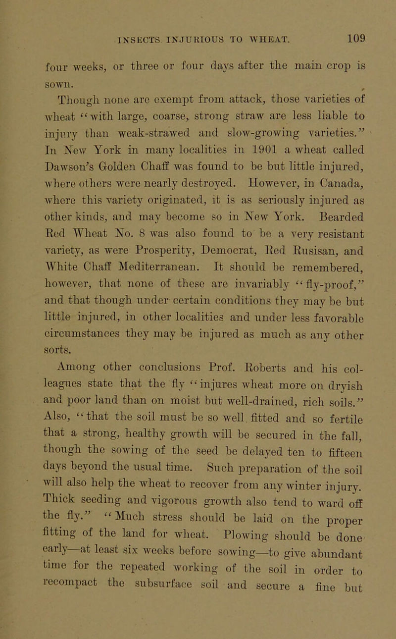 four weeks, or three or four days after the main croji is sown. r Tliough uone are exempt from attack, those varieties of Avheat ‘‘with large, coarse, strong straw are less liable to injury than weak-straivecl and slow-growing varieties.' In New York in many localities in 1901 a wheat called Dawson’s Golden Chaff was found to be but little injured, where others were nearly destroyed. However, in Canada, where this variety originated, it is as seriously injured as other kinds, and may become so in New York. Bearded Eed Wheat No. 8 was also found to be a very resistant variety, as were Prosperity, Democrat, lied Eusisan, and White Chaff Mediterranean. It should be remembered, however, that none of these are invariably “ fly-jiroof,” and that though under certain conditions they may be but little injured, in other localities and under less favorable circumstances they may be injured as much as any other sorts. Among other conclusions Prof. Eoberts and his col- leagues state that the fly “injures wheat more on dryish and poor land than on moist but well-drained, rich soils.” Also, “that the soil must be so well, fitted and so fertile that a strong, healthy growth will be secured in the fall, though the sowing of the seed be delayed ten to fifteen days beyond the usual time. Such preparation of the soil will also help the wheat to recover from any winter injury. Thick seeding and vigorous growth also tend to ward off the fly.” “Much stress should be laid on the proper fitting of the land for wlieat. Plowing should be done early at least six weeks before sowing—to give abundant time for the repeated working of the soil in order to recompact the subsurface soil and secure a fine but
