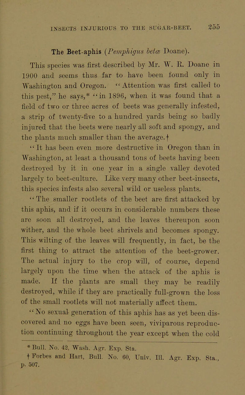 The Beet-aphis {Pemphigus helce Doane). This species was first described by Mr. W. R. Doane in 1900 and seems thus far to have been found only in Washington and Oregon. “'Attention was first called to this pest/^ he says,* “in 1896, when it was found that a field of two or three acres of beets was generally infested, a strip of twenty-five to a hundred yards being so badly injured that the beets were nearly all soft and spongy, and the plants much smaller than the average, f ‘ ‘ It has been even more destructive in Oregon than in Washington, at least a thousand tons of beets having been destroyed by it in one year in a single valley devoted largely to beet-culture. Like very many other beet-insects, this species infests also several wild or useless plants. ‘ ‘ The smaller rootlets of the beet are first attacked by this aphis, and if it occurs in considerable numbers these are soon all destroyed, and the leaves thereujion soon wither, and the whole beet shrivels and becomes spongy. This wilting of the leaves will frequently, in fact, be the first thing to attract the attention of the beet-grower. The actual injury to the crop Avill, of course, depend largely upon the time when the attack of the aphis is made. If the plants are small they may be readily destroyed, while if they are practically full-grown the loss of the small rootlets will not materially affect them. “No sexual generation of this aphis has as yet been dis- covered and no eggs have been seen, viviparous reproduc- tion continuing throughout the year except when the cold * Bull. No. 42, Wash. Agr. Exp. Sta. t Forbes and Hart, Bull. No. 60, Uuiv. 111. Agr. Exp. Sta., p. 507.