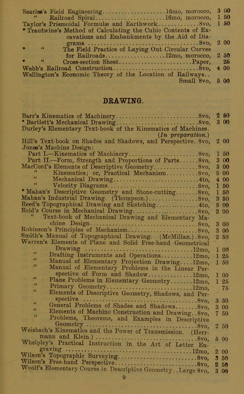 Searlefi’s Field Engineering 16mo, mOTOCCO, 3 OO “ Railroad Spiral 16mo, morocco, 1 60 Taylor’s Prismoidal Formulae and Earthwork 8vo, 1 50 * I^autwine’s Method of Calculating the Cubic Contents of Ex- cavations and Embankments by the Aid of Dia- grams 8vo, 2 00 * “ The Field Practice of Laying Out Circular Curves for Railroads 12mo, morocco, 2 60 * “ Cross-section Sheet Paper, 26 Webb’s Railroad Construction 8vo, 4 00 Wellington’s Economic Theory of the Location of Railways.. Small 8vo, 5 00 DRAWING. Barr’s Kinematics of Machinery 8vo, * Bartlett’s Mechanical Drawing 8vo, Durley’s Elementary Text-book of the Kinematics of Machines. {In preparation.) Hill’s Text-book on Shades and Shadows, and Perspective.. 8vo, Jones’s Machine Design: Part I.—Kinematics of Machinery 8vo, Part n.—Form, Strength and Proportions of Parts 8vo, MacCord’s Elements of Descriptive (^ometry 8vo, “ Kinematics; or. Practical Mechanism 8vo, “ Mechanical Drawing 4to, “ Velocity Diagrams 8vo, •Mahan’s Descriptive Geometry and Stone-cutting 8vo, Mahan’s Industrial Drawing. (Thompson.) 8vo, Reed’s Topographical Drawing and Sketching. 4to, Reid’s Course in Mechanical Drawing 8vo, “ Text-book of Mechanical Drawing and Elementary Ma- chine Design 8vo, Robinson’s Principles of Mechanism 8vo, Smith’s Manual of Topogi’aphical Drawing. (McMillan.) ,8vo, Warren’s Elements of Plane and Solid Free-hand Geometrical Drawing 12mo, “ Drafting Instruments and Operations 12mo,  Manual of Elementary Projection Drawing 12mo, “ Manual of Elementary Problems in the Linear Per- spective of Form and Shadow 12mo, Plane Problems in Elementary Geometry 12mo, Primary Geometry 12mo, “ Elements of Descriptive Geometry, Shadows, and Per- spective ‘‘ General Problems of Shades and Shadows 8vo^ “ Elements of Machine Construction and Drawing. .8vo, Problems, Theorems, and Examples in Descriptive Geometry Weisbach’s Kinematics and the Power of Transmission. (Herr- mann and Klein.) Whelpley’s Practical Instruction in the Art of Letter En- graving Wilson’s Topographic Surveying gvo’ Wilson’s Free-hand Perspective gyo* Woolf’s Elementary Course in Descriptive Geometry..Large 8vo| 9 2 60 3 00 2 00 1 50 3 00 00 00 00 60 50 60 00 00 3 00 3 00 2 60 1 00 I 26 1 50 1 00 1 25 75 50 00 60 2 50 6 00 00 60 60 00