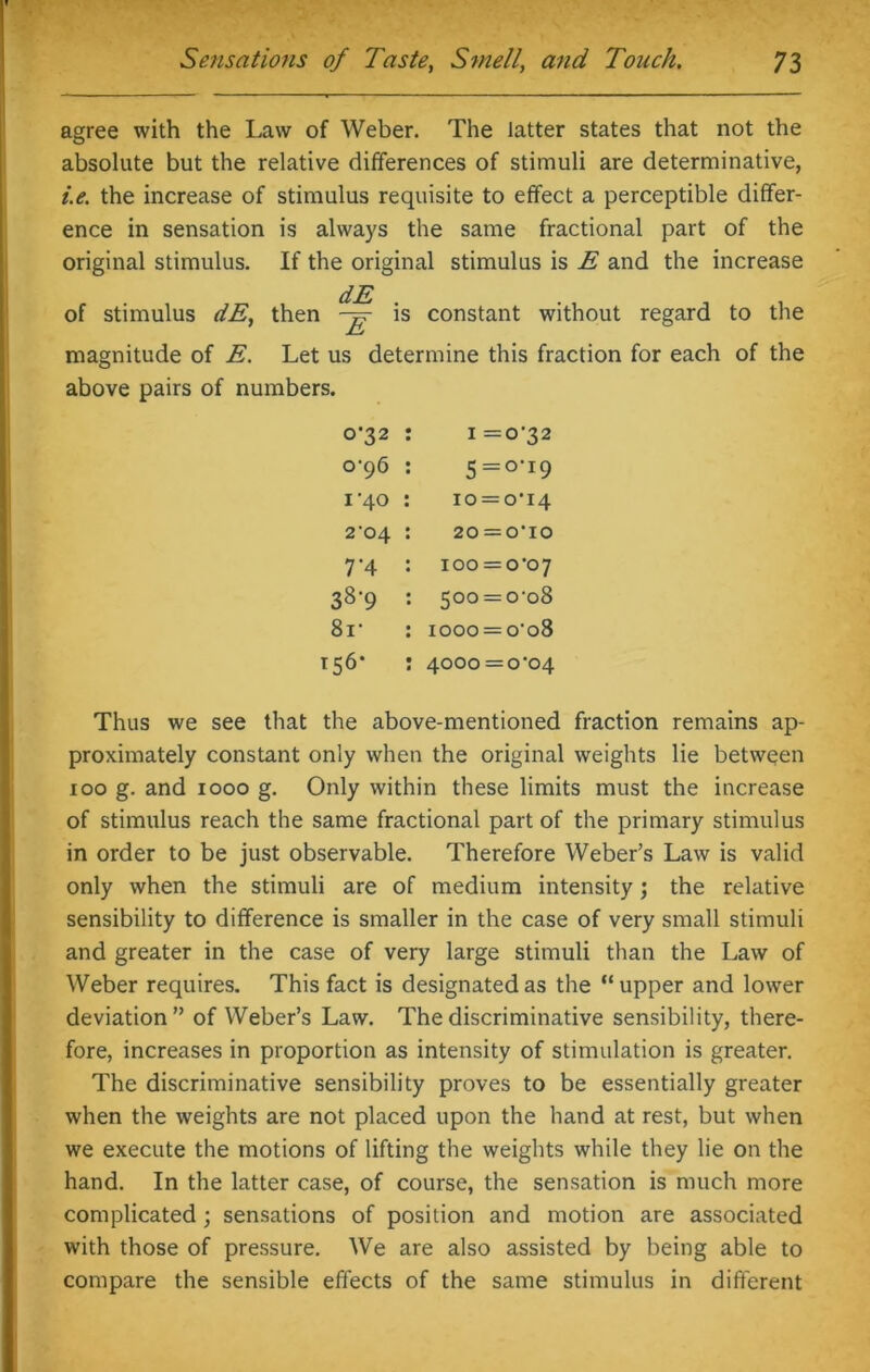 agree with the Law of Weber. The latter states that not the absolute but the relative differences of stimuli are determinative, i.e. the increase of stimulus requisite to effect a perceptible differ- ence in sensation is always the same fractional part of the original stimulus. If the original stimulus is E and the increase dJEfj of stimulus dE, then is constant without regard to the magnitude of E. Let us determine this fraction for each of the above pairs of numbers. 0-32 1=0-32 0-96 5 = o-i9 1’40 10 = 0-14 2’04 20 = 0*10 7‘4 100 = 0-07 38-9 500 = 0-08 8r iooo = oo8 156- 4000 = 0*04 Thus we see that the above-mentioned fraction remains ap- proximately constant only when the original weights lie between ioo g. and 1000 g. Only within these limits must the increase of stimulus reach the same fractional part of the primary stimulus in order to be just observable. Therefore Weber’s Law is valid only when the stimuli are of medium intensity; the relative sensibility to difference is smaller in the case of very small stimuli and greater in the case of very large stimuli than the Law of Weber requires. This fact is designated as the “upper and lower deviation” of Weber’s Law. The discriminative sensibility, there- fore, increases in proportion as intensity of stimulation is greater. The discriminative sensibility proves to be essentially greater when the weights are not placed upon the hand at rest, but when we execute the motions of lifting the weights while they lie on the hand. In the latter case, of course, the sensation is much more complicated ; sensations of position and motion are associated with those of pressure. We are also assisted by being able to compare the sensible effects of the same stimulus in different