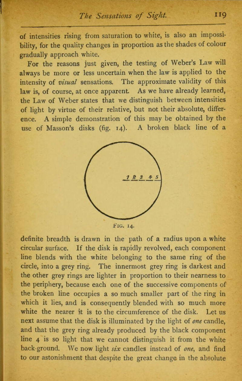 of intensities rising from saturation to white, is also an impossi- bility, for the quality changes in proportion as the shades of colour gradually approach white. For the reasons just given, the testing of Weber’s Law will always be more or less uncertain when the law is applied to the intensity of visual sensations. The approximate validity of this law is, of course, at once apparent As we have already learned, the Law of Weber states that we distinguish between intensities of light by virtue of their relative, but not their absolute, differ- ence. A simple demonstration of this may be obtained by the use of Masson’s disks (fig. 14). A broken black line of a definite breadth is drawn in the path of a radius upon a white circular surface. If the disk is rapidly revolved, each component line blends with the white belonging to the same ring of the circle, into a grey ring. The innermost grey ring is darkest and the other grey rings are lighter in proportion to their nearness to the periphery, because each one of the successive components of the broken line occupies a so much smaller part of the ring in which it lies, and is consequently blended with so much more white the nearer it is to the circumference of the disk. Let us next assume that the disk is illuminated by the light of one candle, and that the grey ring already produced by the black component line 4 is so light that we cannot distinguish it from the white back ground. We now light six candles instead of one, and find to our astonishment that despite the great change in the absolute