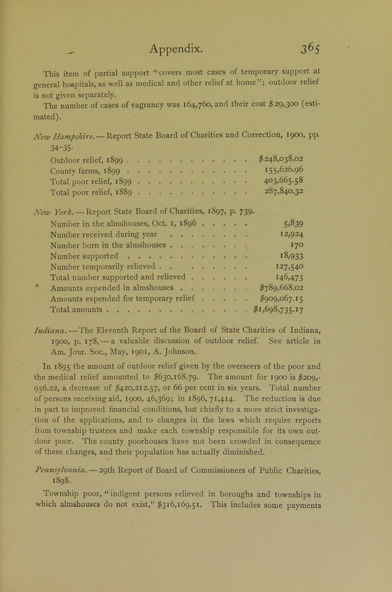 This item of partial support “covers most cases of temporary support at general hospitals, as well as medical and other relief at home”; outdoor relief is not given separately. The number of cases of vagrancy was 164,760, and their cost $29,300 (esti- mated). New Hampshire. — Report State Board of Charities and Correction, 1900, pp. 34-35- Outdoor relief, 1899 $248,038.02 County farms, 1899 155,626.96 Total poor relief, 1899 403>665-58 Total poor relief, 1889 287,840.32 New York. — Report State Board of Charities, 1897, p. 739. Number in the almshouses, Oct. I, 1896 5)^39 Number received during year 12,924 Number born in the almshouses 170 Number supported 18,933 Number temporarily relieved . . 127,540 Total number supported and relieved 146,473 * Amounts expended in almshouses $789,668.02 Amounts expended for temporary relief $909,067.15 Total amounts $1,698,735.17 Indiana.—The Eleventh Report of the Board of State Charities of Indiana, 1900, p. 178, — a valuable discussion of outdoor relief. See article in Am. Jour. Soc., May, 1901, A. Johnson. In 1895 t'le amount of outdoor relief given by the overseers of the poor and the medical relief amounted to $630,168.79. The amount for 1900 is $209,- 956.22, a decrease of $420,212.57, or 66 per cent in six years. Total number of persons receiving aid, 1900, 46,369; in 1896, 71,414. The reduction is due in part to improved financial conditions, but chiefly to a more strict investiga- tion of the applications, and to changes in the laws which require reports from township trustees and make each township responsible for its own out- door poor. The county poorhouses have not been crowded in consequence of these changes, and their population has actually diminished. Pennsylvania. — 29th Report of Board of Commissioners of Public Charities, 1898. Township poor, “ indigent persons relieved in boroughs and townships in which almshouses do not exist,” $316,169.51. This includes some payments