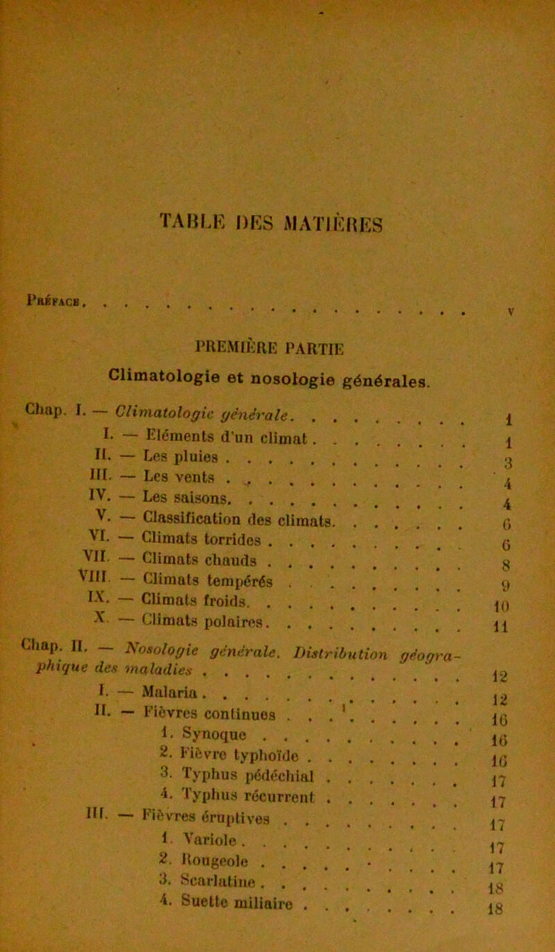 TABLE DES MATIÈRES Paépacb V PREMIÈRE PARTIE Climatologie et nosologie générales. Chap. I. Climatologie générale i I. — Eléments d’un climat 1 II. — Les pluies 3 HL — Les vents ,y IV. — Les saisons 4 V. Classification des climats C, VI. — Climats torrides (j VII. — Climats chauds g VIH — Climats tempérés 9 IV. — Climats froids. jq •V — Climats polaires U Chup. II. — Nosologie générale. Distribution géogra- phique des maladies |0 I. — Malaria 12 IL — Fièvres conlinuos . . . 1 ' lG 1. Synoque 2. Fièvre typhoïde 3. Typhus pédéchial J7 *• Typhus récurrent (7 HL — Fièvres éruptives 17 I Variole. . 2. Rougeole • 17 3. Scarlatine jg 4. Suelte miliaire jg