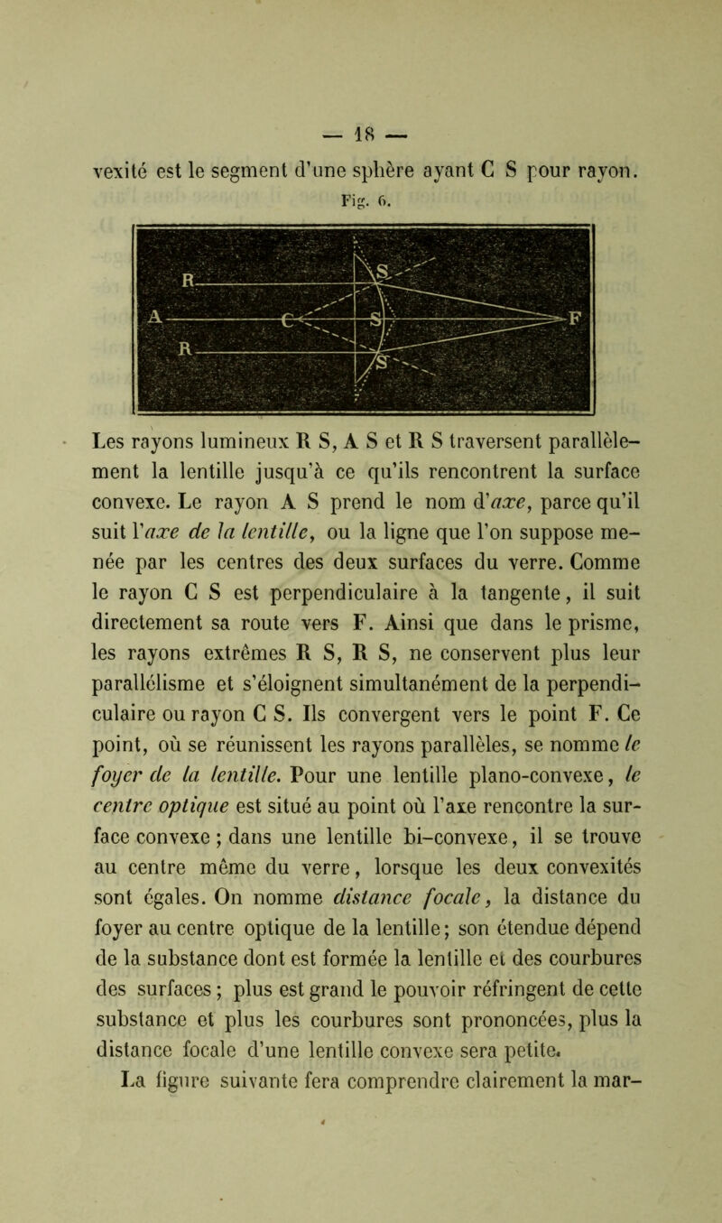 vexité est le segment d’une sphère ayant G S pour rayon. Fig. 6. Les rayons lumineux R S, À S et R S traversent parallèle- ment la lentille jusqu’à ce qu’ils rencontrent la surface convexe. Le rayon A S prend le nom d'axe, parce qu’il suit Yaxe de la lentille, ou la ligne que l’on suppose me- née par les centres des deux surfaces du verre. Comme le rayon G S est perpendiculaire à la tangente, il suit directement sa route vers F. Ainsi que dans le prisme, les rayons extrêmes R S, R S, ne conservent plus leur parallélisme et s’éloignent simultanément de la perpendi- culaire ou rayon G S. Ils convergent vers le point F. Ce point, où se réunissent les rayons parallèles, se nomme le foyer de la lentille. Pour une lentille piano-convexe, le centre optique est situé au point où l’axe rencontre la sur- face convexe ; dans une lentille bi-convexe, il se trouve au centre même du verre, lorsque les deux convexités sont égales. On nomme distance focale} la distance du foyer au centre optique de la lentille; son étendue dépend de la substance dont est formée la lentille et des courbures des surfaces ; plus est grand le pouvoir réfringent de cette substance et plus les courbures sont prononcées, plus la distance focale d’une lentille convexe sera petite. La ligure suivante fera comprendre clairement la mar-