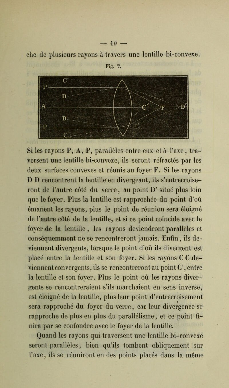 che de plusieurs rayons à travers une lentille bi-convexe. Fig. 7. Si les rayons P, A, P, parallèles entre eux et à l’axe, tra- versent une lentille bi-convexe, ils seront réfractés par les deux surfaces convexes et réunis au foyer F. Si les rayons D D rencontrent la lentille en divergeant, ils s’entrecroise- ront de l’autre côté du verre, au point D’ situé plus loin que le foyer. Plus la lentille est rapprochée du point d’où émanent les rayons, plus le point de réunion sera éloigné de l’autre côté de la lentille* et si ce point coïncide avec le foyer de la lentille , les rayons deviendront parallèles et conséquemment ne se rencontreront jamais. Enfin, ils de- viennent divergents, lorsque le point d’où ils divergent est placé entre la lentille et son foyer. Si les rayons C G de- viennent convergents, ils se rencontreront au point G’, entre la lentille et son foyer. Plus le point où les rayons diver- gents se rencontreraient s’ils marchaient en sens inverse, est éloigné de la lentille, plus leur point d’entrecroisement sera rapproché du foyer du verre, car leur divergence se rapproche de plus en plus du parallélisme, et ce point fi- nira par se confondre avec le foyer de la lentille. Quand les rayons qui traversent une lentille bi-convexe seront parallèles, bien qu’ils tombent obliquement sur l’axe, ils se réuniront en des points placés dans la même