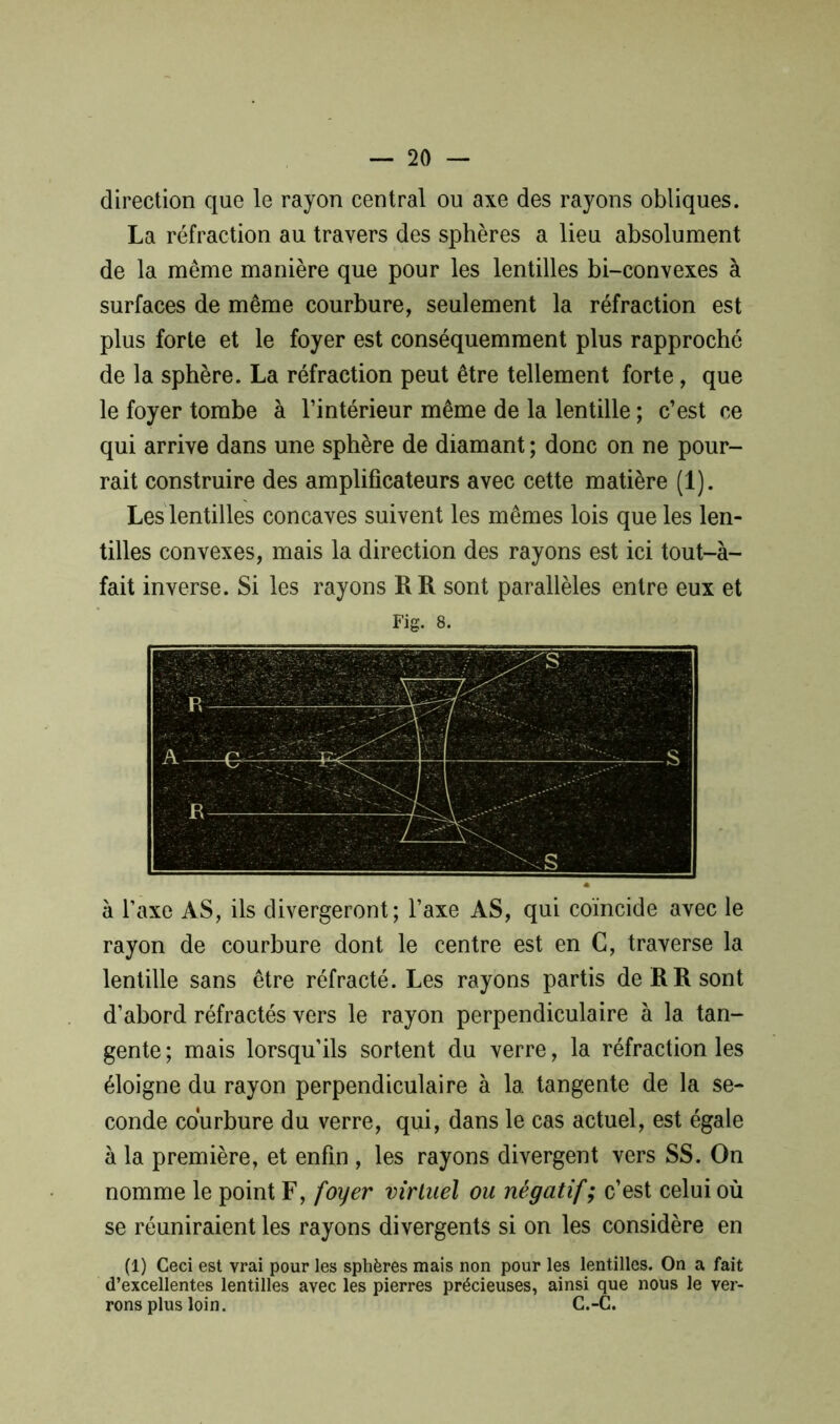 direction que le rayon central ou axe des rayons obliques. La réfraction au travers des sphères a lieu absolument de la même manière que pour les lentilles bi-convexes à surfaces de même courbure, seulement la réfraction est plus forte et le foyer est conséquemment plus rapproché de la sphère. La réfraction peut être tellement forte, que le foyer tombe à l’intérieur même de la lentille ; c’est ce qui arrive dans une sphère de diamant ; donc on ne pour- rait construire des amplificateurs avec cette matière (1). Les lentilles concaves suivent les mêmes lois que les len- tilles convexes, mais la direction des rayons est ici tout-à- fait inverse. Si les rayons RR sont parallèles entre eux et Fig. 8. à l’axe AS, ils divergeront; l’axe AS, qui coïncide avec le rayon de courbure dont le centre est en C, traverse la lentille sans être réfracté. Les rayons partis de R R sont d’abord réfractés vers le rayon perpendiculaire à la tan- gente ; mais lorsqu’ils sortent du verre, la réfraction les éloigne du rayon perpendiculaire à la tangente de la se- conde courbure du verre, qui, dans le cas actuel, est égale à la première, et enfin , les rayons divergent vers SS. On nomme le point F, foyer virtuel ou négatif ; c’est celui où se réuniraient les rayons divergents si on les considère en (1) Ceci est vrai pour les sphères mais non pour les lentilles. On a fait d’excellentes lentilles avec les pierres précieuses, ainsi que nous le ver- rons plus loin. C.-C.