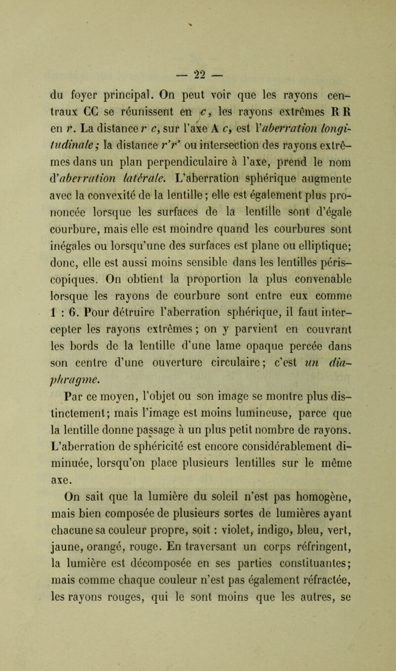 du foyer principal. On peut voir que les rayons cen- traux CG se réunissent en c, les rayons extrêmes RR en r. La distance r c, sur l’axe A c, est Xaberration longi- tudinale; la distance rr ou intersection des rayons extrê- mes dans un plan perpendiculaire à l’axe, prend le nom XXaberration latérale. L’aberration sphérique augmente avec la convexité de la lentille ; elle est également plus pro- noncée lorsque les surfaces de la lentille sont d’égale courbure, mais elle est moindre quand les courbures sont inégales ou lorsqu’une des surfaces est plane ou elliptique; donc, elle est aussi moins sensible dans les lentilles péris- copiques. On obtient la proportion la plus convenable lorsque les rayons de courbure sont entre eux comme 1 : 6. Pour détruire l’aberration sphérique, il faut inter- cepter les rayons extrêmes ; on y parvient en couvrant les bords de la lentille d’une lame opaque percée dans son centre d’une ouverture circulaire; c’est un dia- phragme. Par ce moyen, l’objet ou son image se montre plus dis- tinctement; mais l’image est moins lumineuse, parce que la lentille donne passage à un plus petit nombre de rayons. L’aberration de sphéricité est encore considérablement di- minuée, lorsqu’on place plusieurs lentilles sur le même axe. On sait que la lumière du soleil n’est pas homogène, mais bien composée de plusieurs sortes de lumières ayant chacune sa couleur propre, soit : violet, indigo, bleu, vert, jaune, orangé, rouge. En traversant un corps réfringent, la lumière est décomposée en ses parties constituantes; mais comme chaque couleur n’est pas également réfractée, les rayons rouges, qui le sont moins que les autres, se