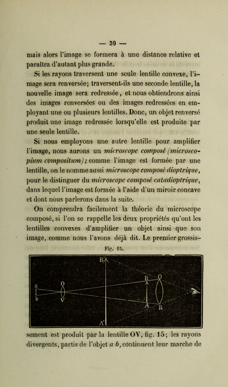 mais alors l’image se formera à une distance relative et paraîtra d’autant plus grande. Si les rayons traversent une seule lentille convexe, l’i- mage sera renversée; traversent-ils une seconde lentille, la nouvelle image sera redressée, et nous obtiendrons ainsi des images renversées ou des images redressées en em- ployant une ou plusieurs lentilles. Donc, un objet renversé produit une image redressée lorsqu’elle est produite par une seule lentille. Si nous employons une autre lentille pour amplifier l’image, nous aurons un microscope composé (microsco- pium composition) ; comme l’image est formée par une lentille, on le nomme aussi microscope composé dioptrique, pour le distinguer du microscope composé catadioptrique, dans lequel l’image est formée à l’aide d’un miroir concave et dont nous parlerons dans la suite. On comprendra facilement la théorie du microscope composé, si l’on se rappelle les deux propriétés qu’ont les lentilles convexes d’amplifier un objet ainsi que son image, comme nous l’avons déjà dit. Le premier grossis- te. 15. sement est produit par la lentille OV, fig. 15; les rayons divergents, partis de l’objet a b, continuent leur marche de