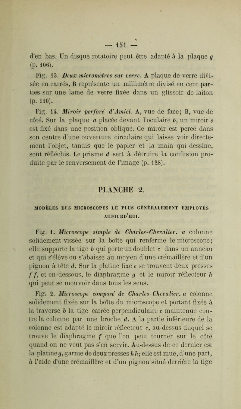 d’en bas. Un disque rotatoire peut être adapté à la plaque g (p. 106). Fig. 13. Deux micromètres sur verre. A plaque de verre divi- sée en carrés, B représente un millimètre divisé en cent par- ties sur une lame de verre fixée dans un glissoir de laiton (p. 110). Fig. 14. Miroir perforé d’Amici. A, vue de face; B, vue de côté. Sur la plaque a placée devant l’oculaire b, un miroir c est fixé dans une position oblique. Ce miroir est percé dans son centre d’une ouverture circulaire qui laisse voir directe- ment l’objet, tandis que le papier et la main qui dessine, sont réfléchis. Le prisme d sert à détraire la confusion pro- duite par le renversement de l’image (p. 128). PLANCHE 2. MODÈLES DES MICROSCOPES LE PLUS GÉNÉRALEMENT EMPLOYÉS aujourd’hui. Fig. 1. Microscope simple de Charles-Chevalier, a colonne solidement vissée sur la boîte qui renferme le microscope; elle supporte la tige b qui porte un doublet c dans un anneau et qui s’élève ou s’abaisse au moyen d’une crémaillère et d’un pignon à tête d. Sur la platine fixe e se trouvent deux presses f f, et en-dessous, le diaphragme g et le miroir réflecteur h qui peut se mouvoir dans tous les sens. Fig. 2. Microscope composé de Charles-Chevalier, a colonne solidement fixée sur la boîte du microscope et portant fixée à la traverse b la tige carrée perpendiculaire c maintenue con- tre la colonne par une broche d. A la partie inférieure de la colonne est adapté le miroir réflecteur e, au-dessus duquel se trouve le diaphragme f que l’on peut tourner sur le côté quand on ne veut pas s’en servir. Au-dessus de ce dernier est la platine g, garnie de deux presses h h; elle est mue, d’une part, à l’aide d’une crémaillère et d’un pignon situé derrière la tige