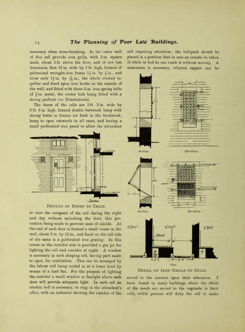 necessary when stone-breaking. In the outer wall of this cell provide iron grills, with 2-in. square mesh, about 2 ft. above the floor, and of not less dimension that 18 in. wide by 3 ft. high, formed of galvanised wrought-iron frame ljin. by Jin., and cross rails IJin. by -fy in., the whole riveted to- gether and fixed upon iron hooks on the outside of the wall, and fitted with three 6-in. iron spring bolts of f-in. metal, the centre bolt being fitted with a strong padlock (see Illustrations). The doors of the cells are 2 ft. 3 in. wide by 6 ft. 6 in. high, framed double battened, hung with strong butts in frames set flush in the brickwork, hung to open outwards in all cases, and having a small perforated iron panel to allow the attendant Details of Doors to Cells. to view the occupant of the cell during the night and day without unlocking the door, this pre- caution being made to prevent cases of suicide. At the end of each door is formed a small recess in the wall, about 9 in. by 12 in., and fixed on the cell side of the same is a perforated iron grating. In this recess on the corridor side is provided a gas jet for lighting the cell and corridor at night. A window is necessary in each sleeping cell, having part made to open, for ventilation. This can be arranged by the labour cell being roofed in at a lower level by means of a lead flat. For the purpose of lighting the corridor a small window or fanlight above each door will provide adequate light. In each cell an electric bell is necessary, to ring in the attendant’s office, with an indicator showing the number of the cell requiring attention; the bell-push should be placed in a position that in case an inmate be taken ill while in bed he can reach it without moving. A mess-room is necessary, wherein supper can be Section. Elevation. Elevation. Plan. Detail of Iron Grills.to Cells. served to the inmates upon their admission. I have found in many buildings, where the whole of the meals are served to the vagrants in their cells, wilful persons will dirty the cell to make